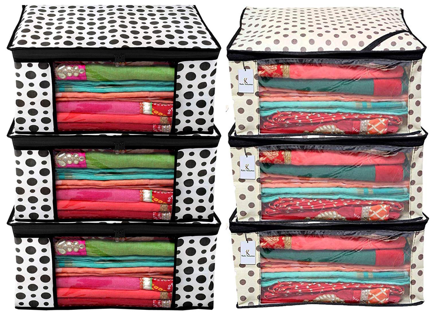 Kuber Industries Polka Dot Design 6 Piece Non Woven Fabric Saree Cover Set with Transparent Window, Extra Large, Cream & White -CTKTC40855, Standard