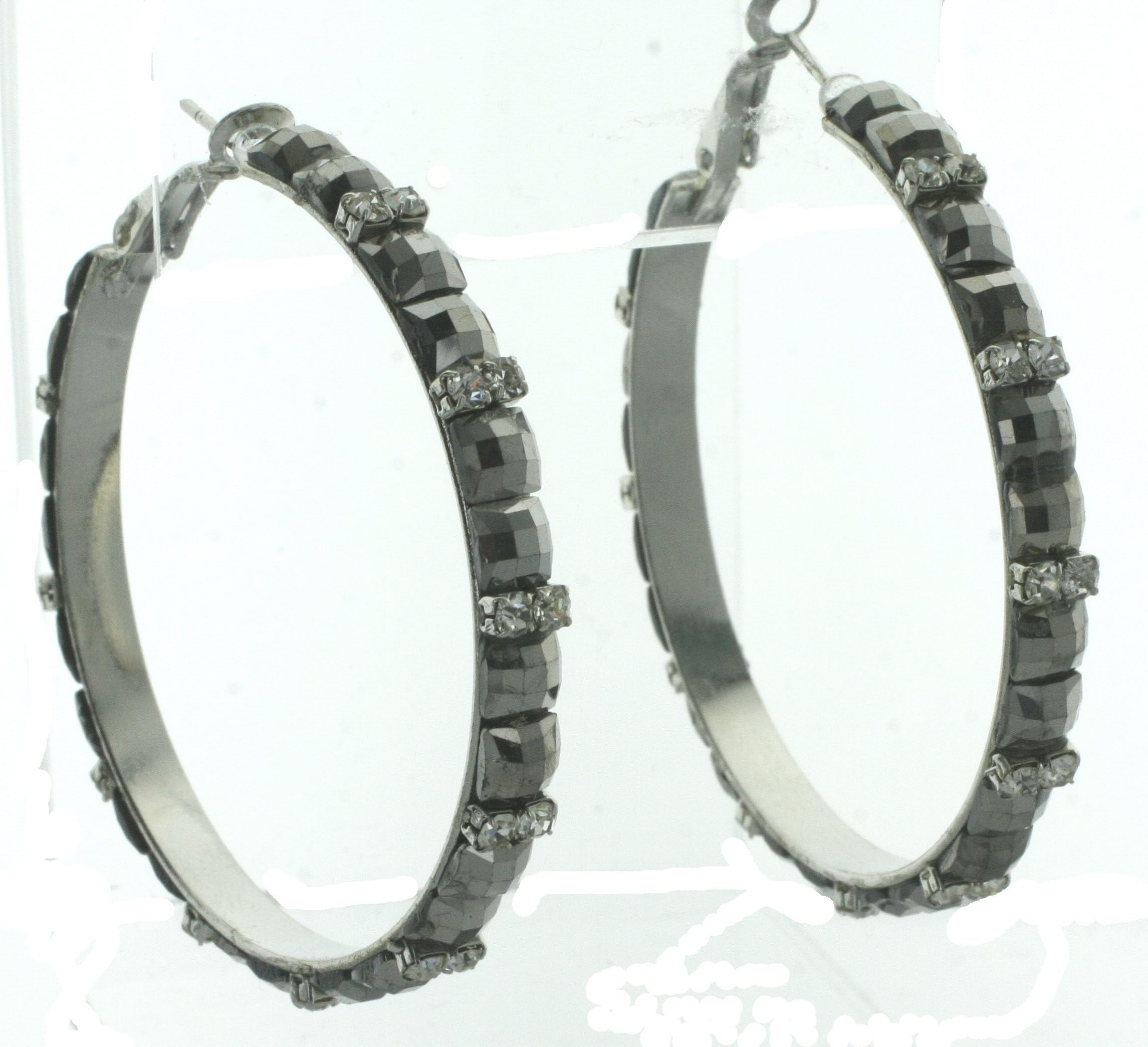 2.25" Inch Large Faceted Square Dark Gray Stones Medium Sized Hoop Earrings