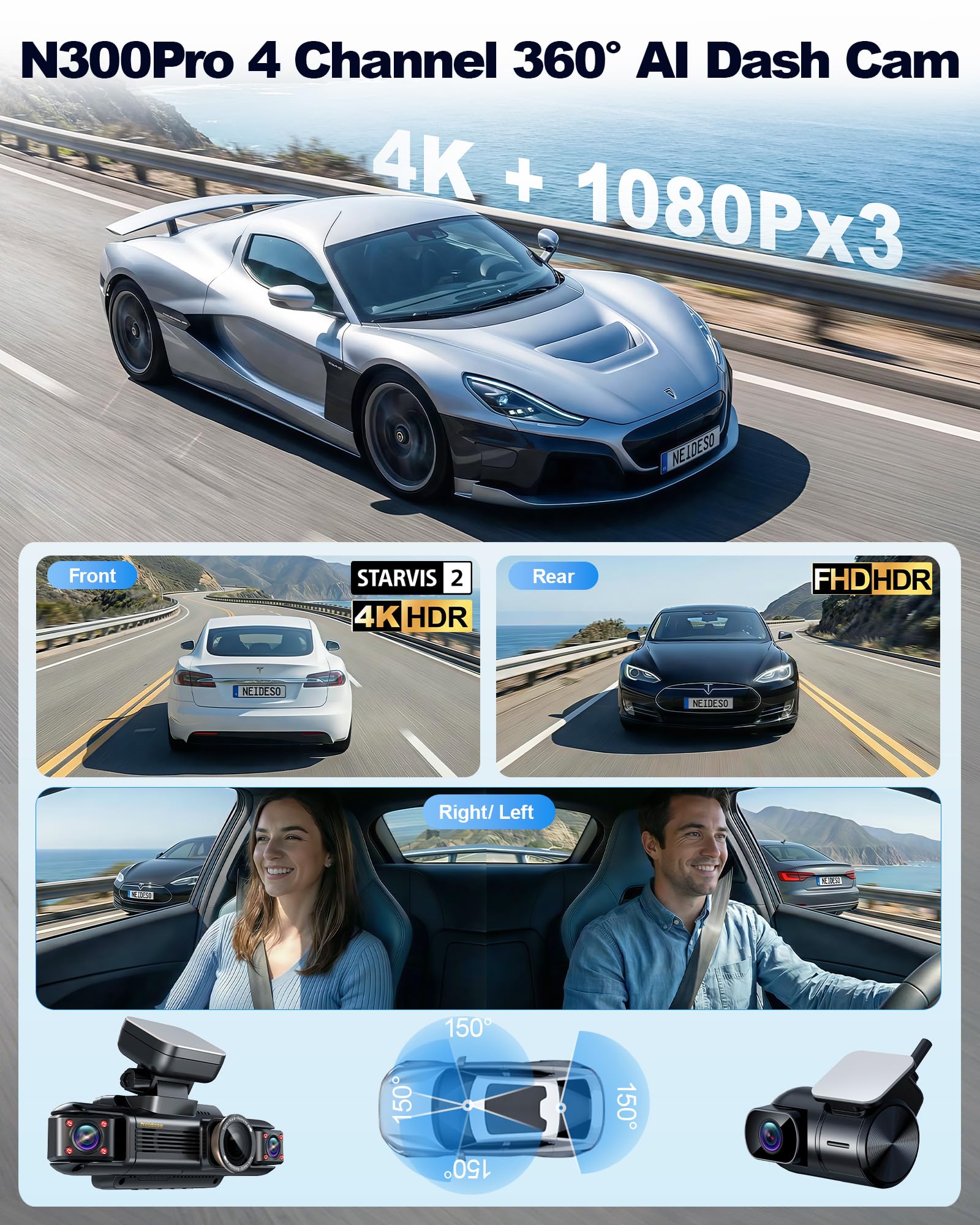 N300Pro 4K 4 Channel Dash Cam Front and Rear, STARVIS 2 Sensor, 3" Touch Screen, 5.8GHz WiFi GPS, 360° Car Dash Camera, AI Driver Monitor System, Free 64GB Card, WDR Night Vision HDR, 24H Parking Mode