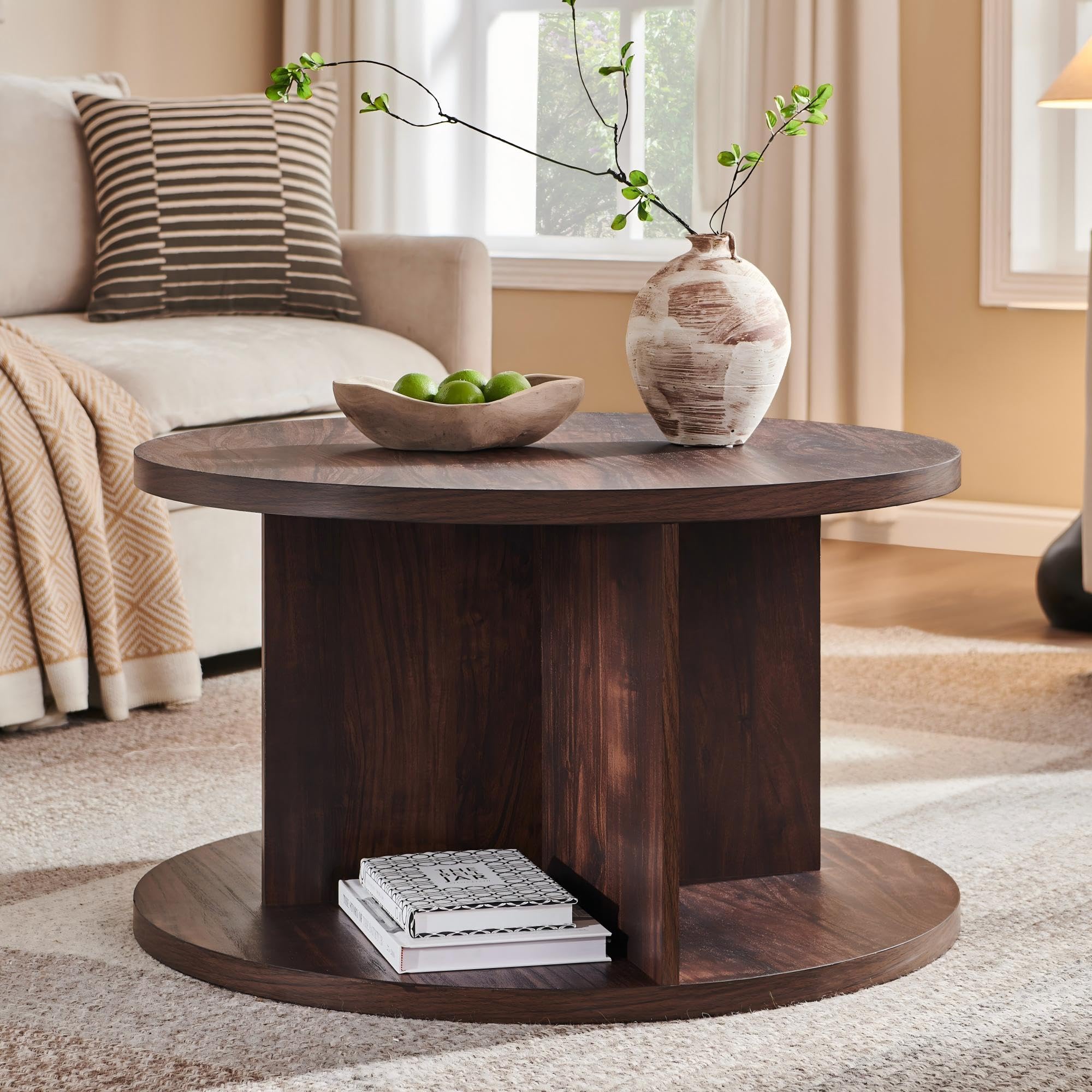 JXQTLINGMU Round Coffee Table for Living Room 32 Modern Center Table with Cross Support Structure Open Storage Cubby