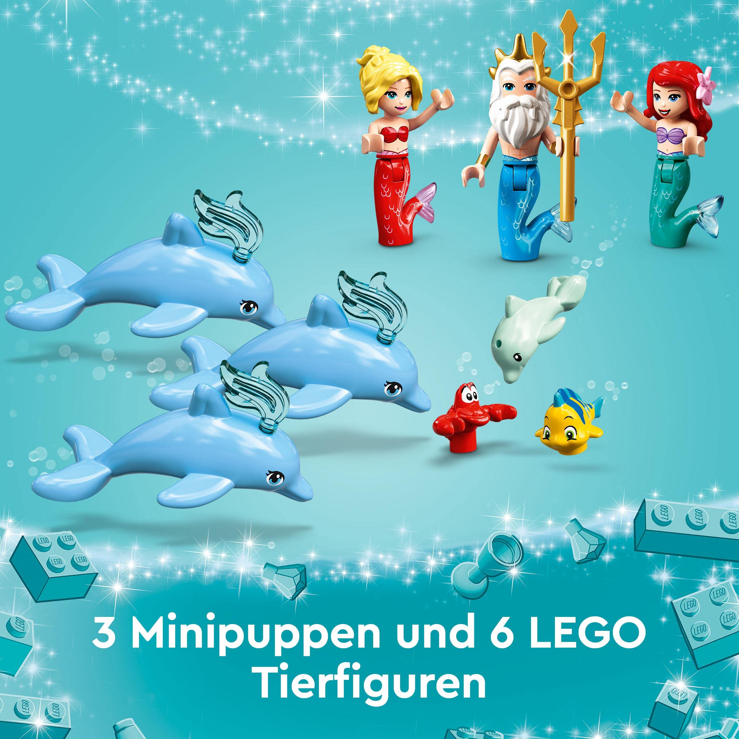 LEGO 43207 Disney Arielles Unterwasserschloss, Geschenkidee für Mädchen und Jungen ab 6 Jahren mit Arielle die kleine Meerjungfrau und 4 Delfin-Figuren