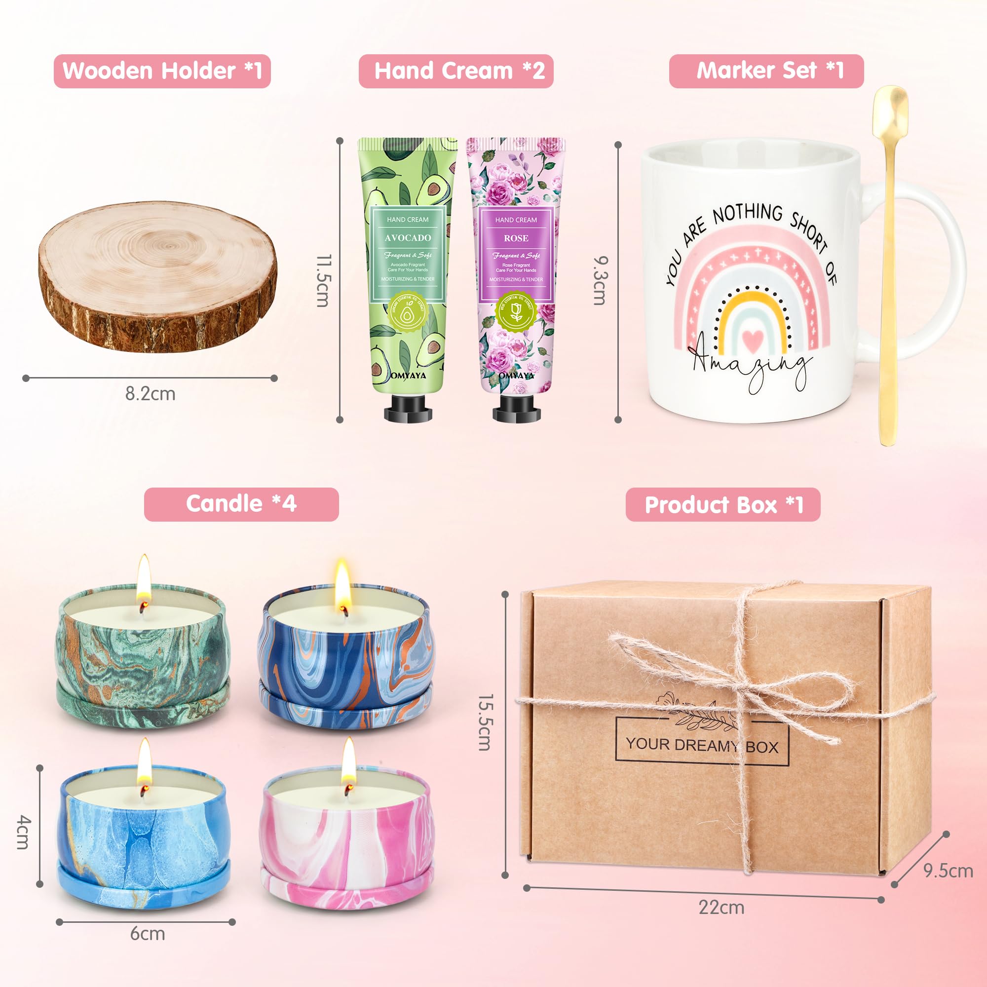 Confezione Regalo di Candele Profumate,Regalo Donna Natale | 4 Candele, Portacandele, Tazza e Cucchiaio da Caffè, 2 Creme per le Mani | Regali Perfetti per le Donne Aiuta ad Alleviare Stress