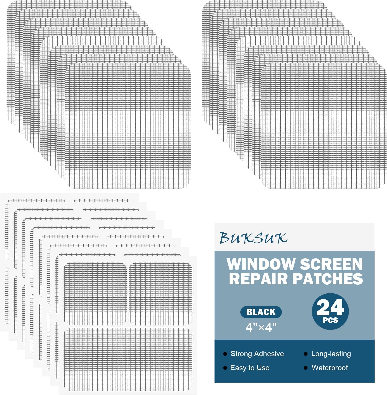 24 Sheets Window Screen Patches Repair Kit, 4 Sizes Window Screen Repair Tape, Strong Adhesive, Fiberglass Quick-Access (Black)
