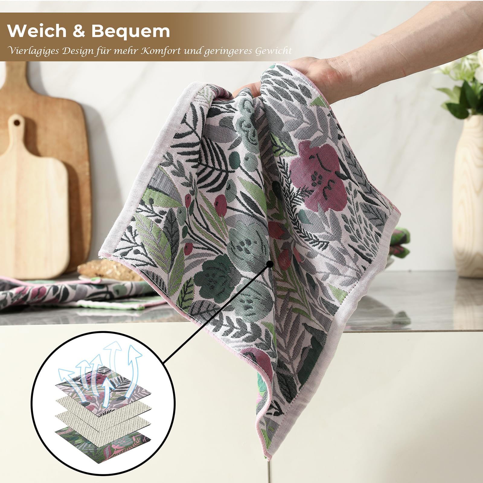 HOORDRY Juego de 8 paños de cocina absorbentes, paños de cocina decorativos Boho de 100% algodón, paños de cocina de alta calidad con diseño floral y lazos para colgar, 41 x 39 cm