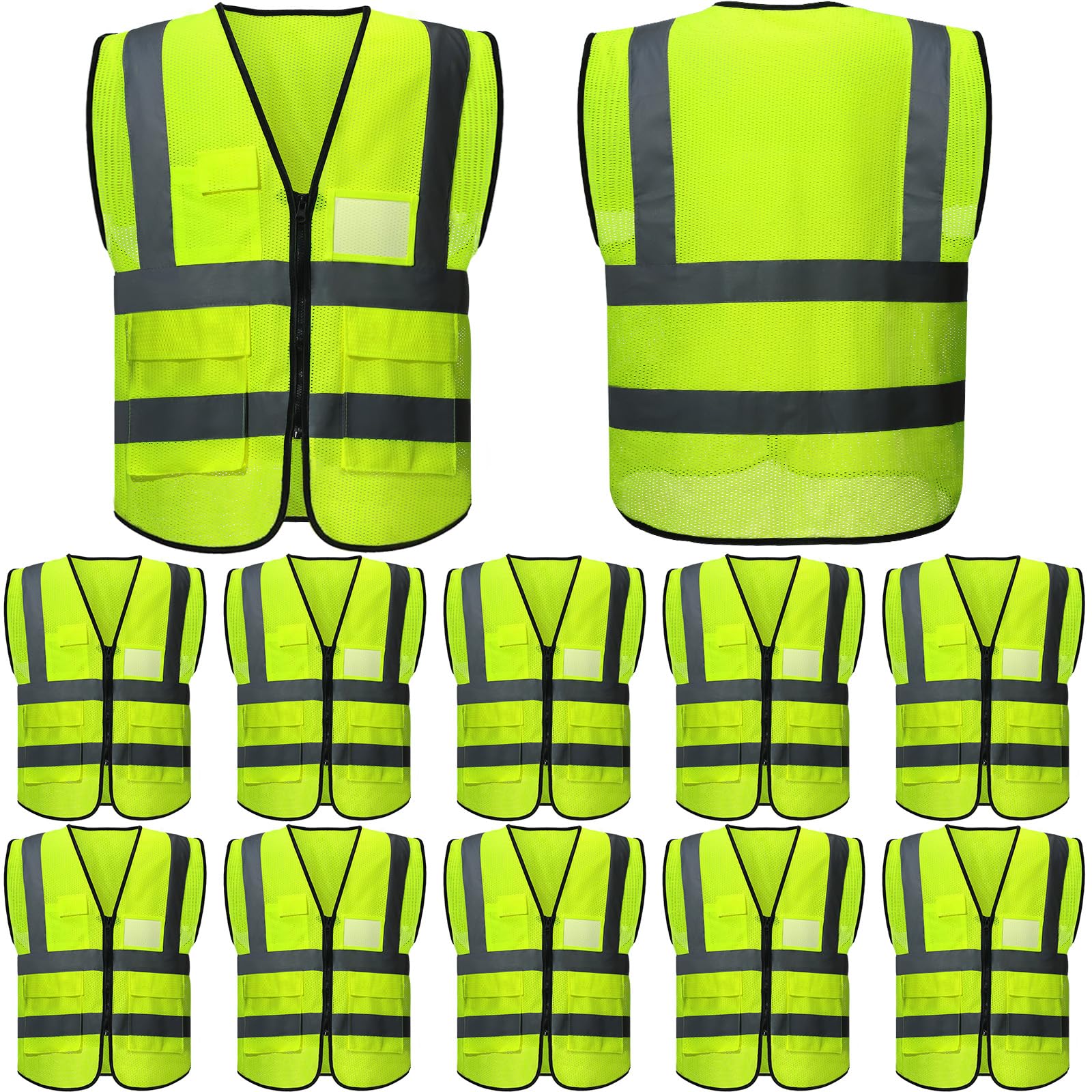 JaGely 12 Pack Reflective Safety Vests with Pockets, High Visibility Mesh Construction Vest for Men Women, Neon Yellow, Size L
