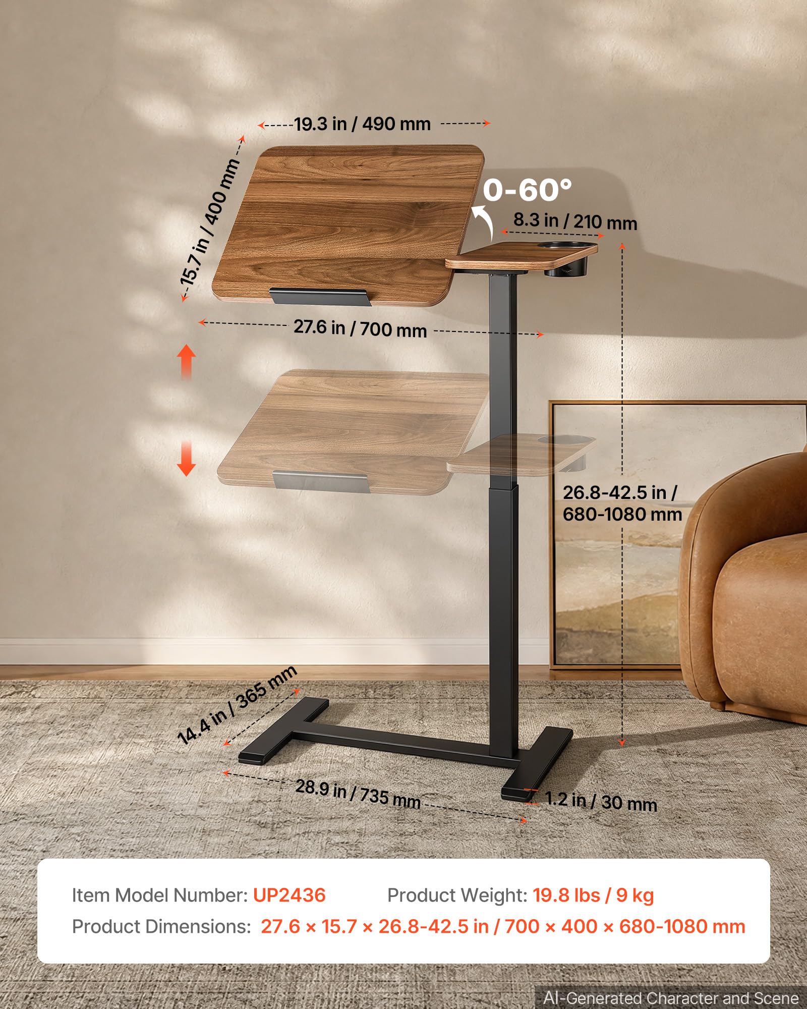 VEVOR Mesa Auxiliar con Ruedas para la Cama 700 x 400 mm Escritorio Móvil
