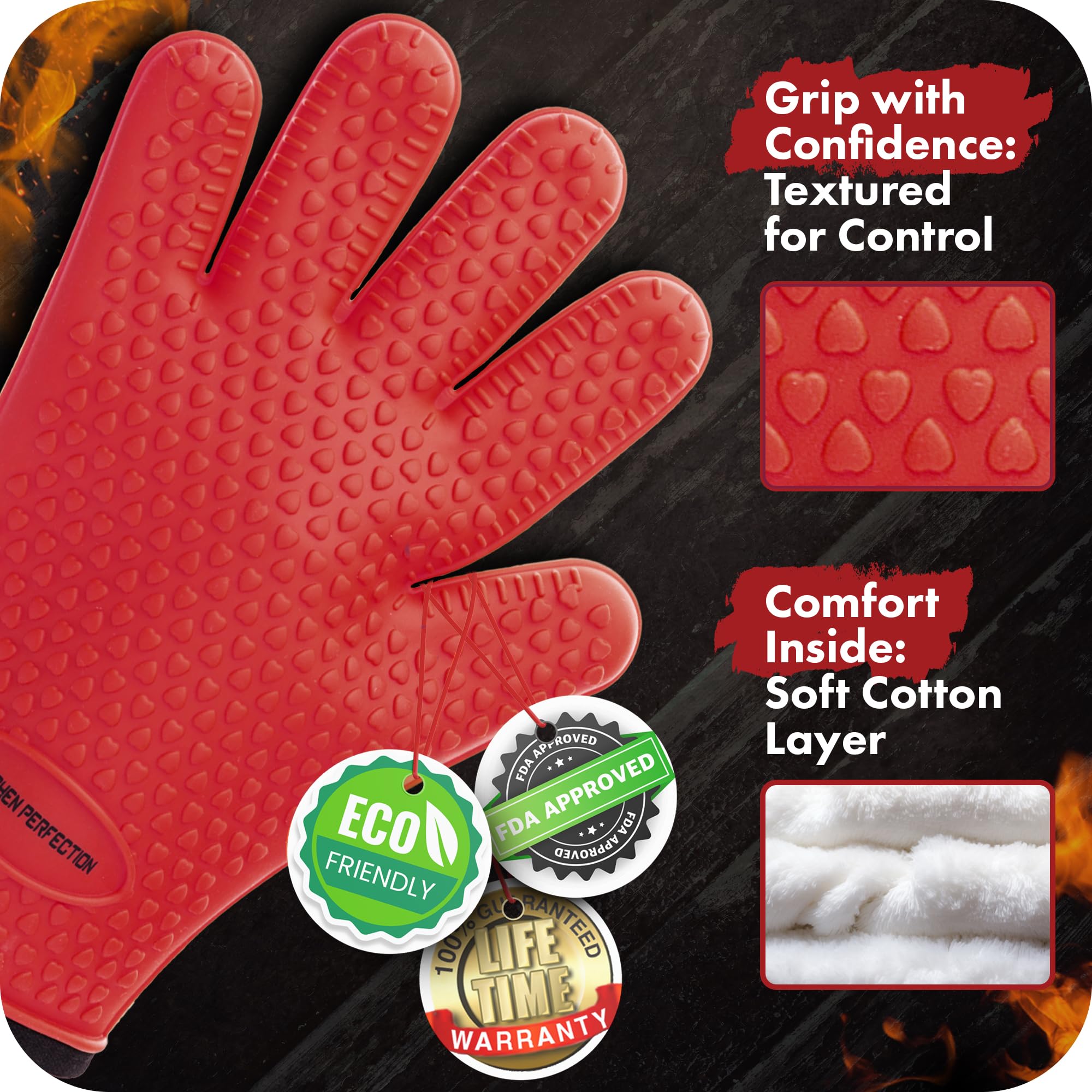 Guantes de silicona para horno ahumador, resistentes al calor, guantes lavables para cocinar de forma segura, horneado y freír en la cocina, barbacoa y parrilla. Juego de 3 bonos (rojo)