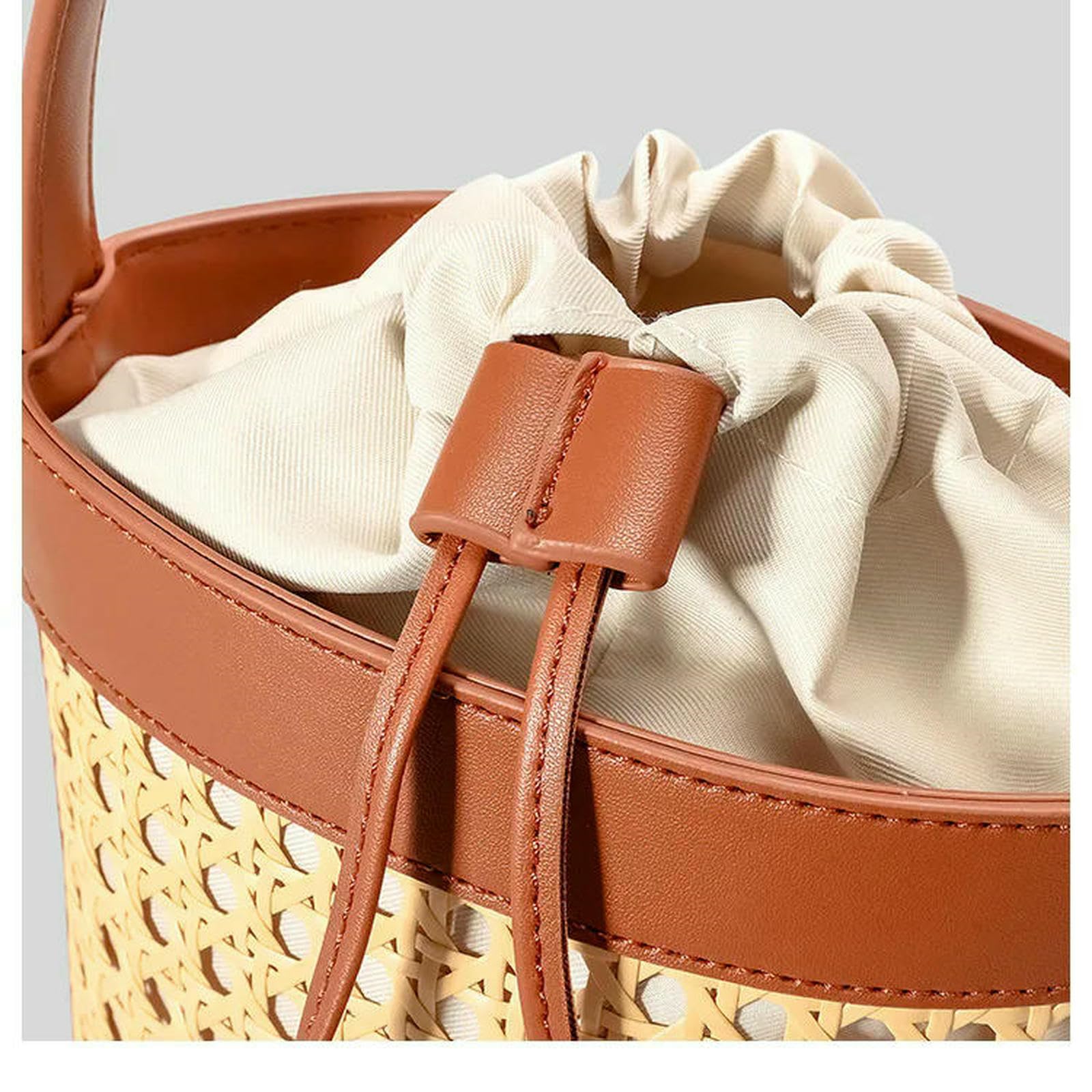 Strohtaschen Damen Shopper Fashion Hollow Eimer Bag Wicker Woven Women Handtaschen Luxus Pu Leder Schulter -Crossbody -Taschen Sommer Beach Bag-braun