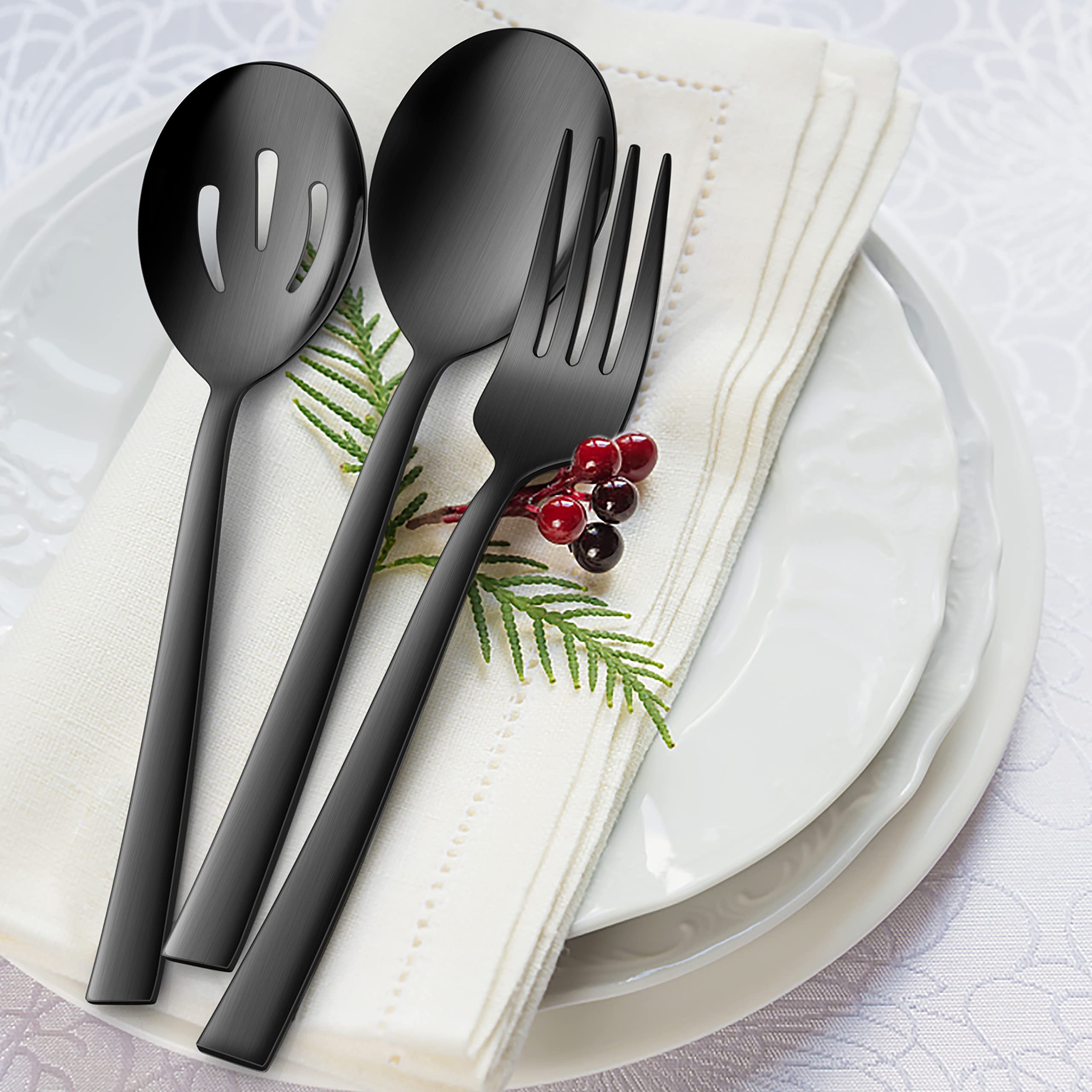 E-far Lot de 6 ustensiles de service en acier inoxydable noir mat de 22,6 cm avec bord carré, cuillères, fourchettes fendues en métal pour buffet de fête, traiteur, passent au lave-vaisselle