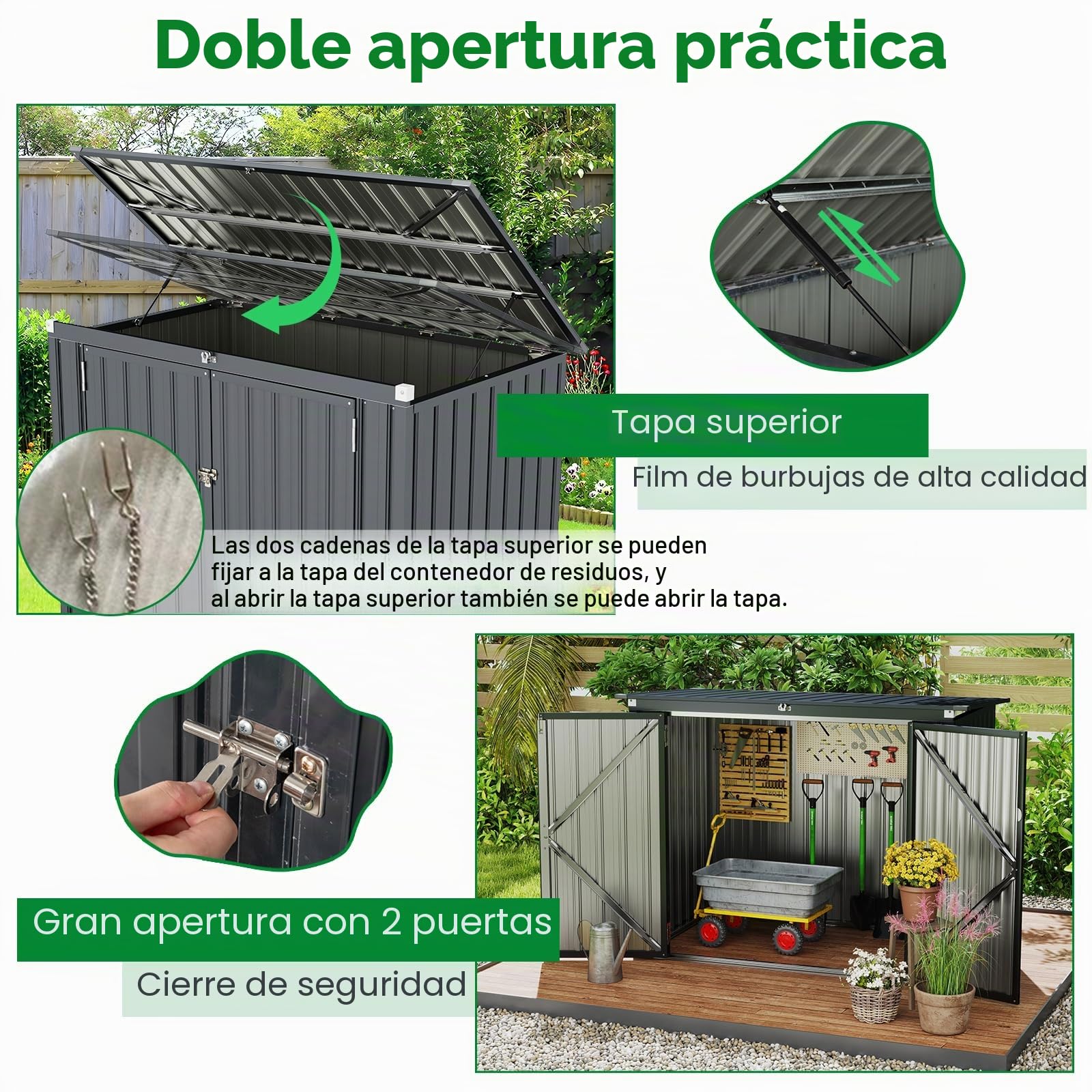 RELAX4LIFE Caseta de Jardín de Metal, Cobertizo de Acero Galvanizado con 2 Puertas y Tapa Abatible, Cubo de Basura para Jardín, Patio Trasero, Granja, 172 x 101 x 130 cm, Gris Oscuro