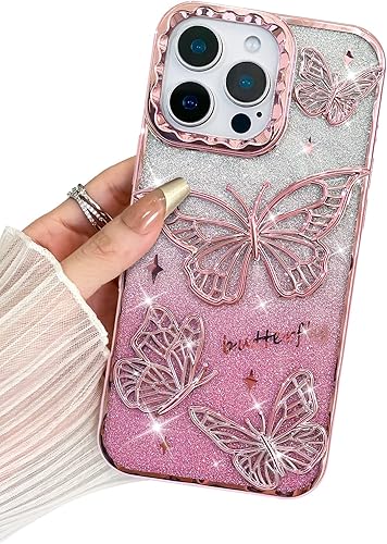 BITOBE Diseñada para iPhone 16 Pro Max, bonita funda de mariposa 3D chapada en purpurina delgada para mujeres y niñas, protección de cámara,
