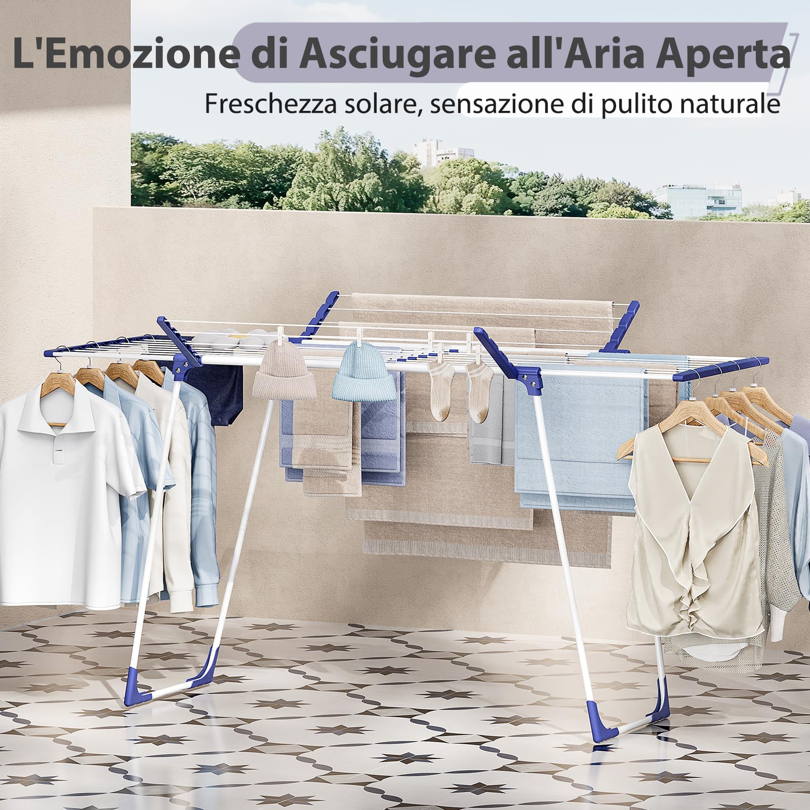 SYKIARIOL Stendibiancheria da Pavimento 22 m XXL - Stendino Salvaspazio - Pieghevole ed Estensibile per Interno/Esterno - Con 10 Clip e Borsa Portatile