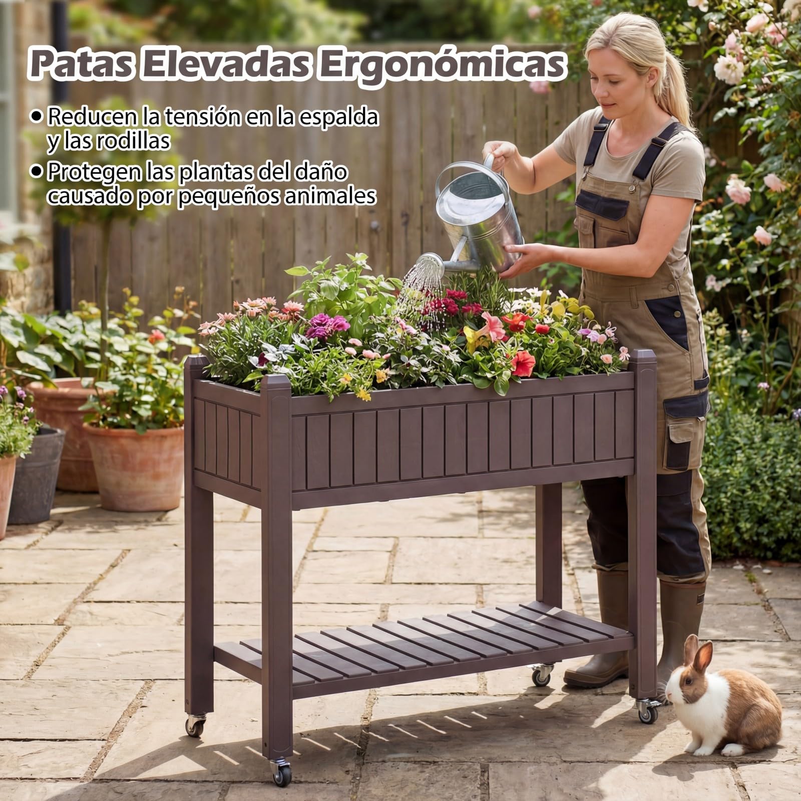 COSTWAY Huerto Urbano Elevado Mesa de Cultivo con Ruedas, Caja de Planta Divisible con Monitor de Agua, Orificio de Drenaje y Estante para Verduras y Hierbas, para Cultivo Plantas Flores Verduras