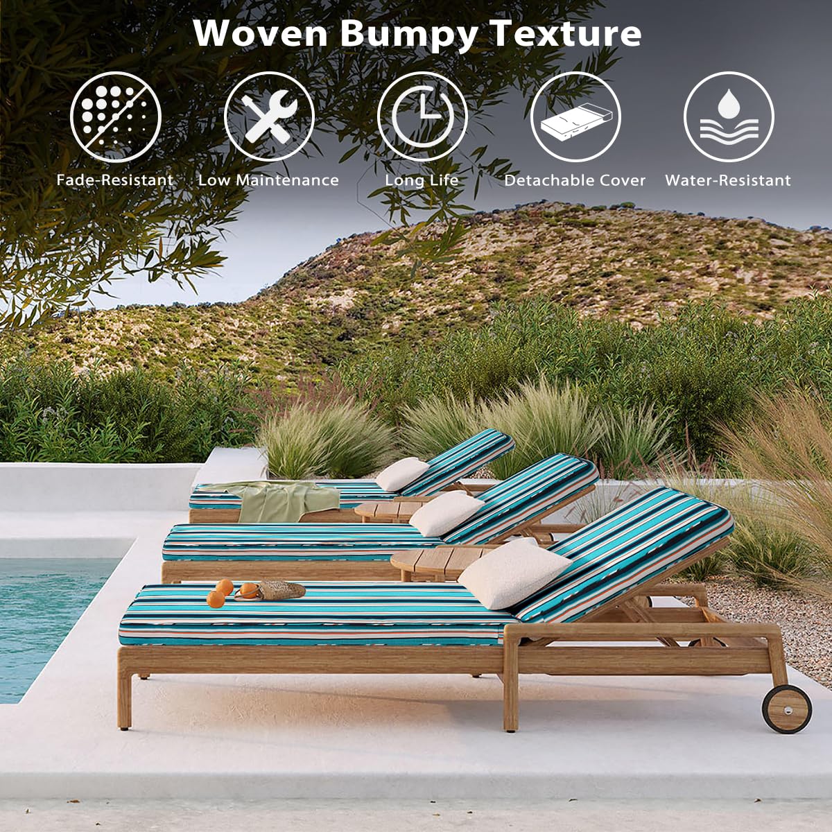 Sunbrella Token Surfside - Cojín para tumbona de acrílico para patio, resistente al agua con correas, 80 x 26 x 4 pulgadas, Token Surfside 9
