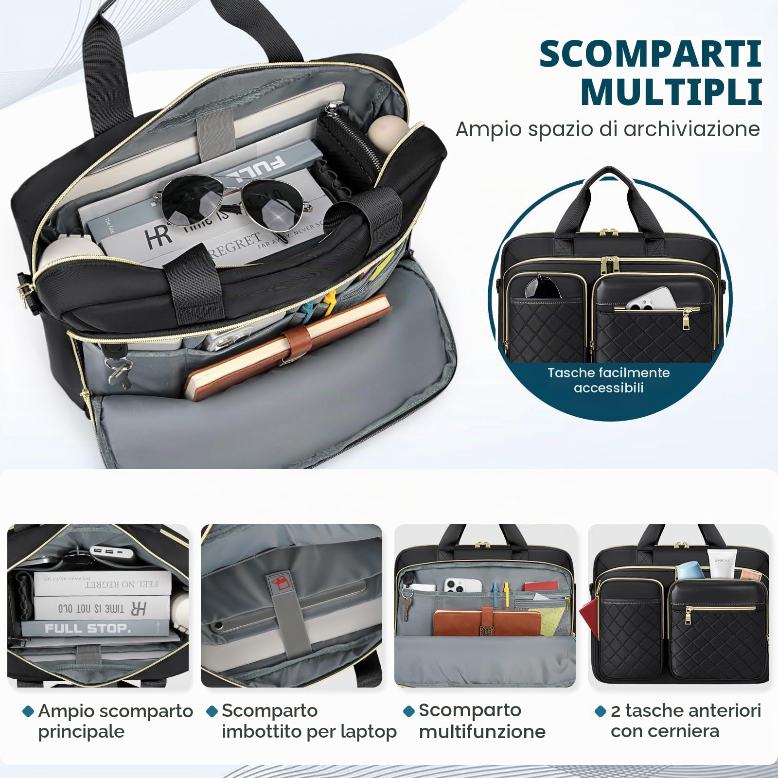 RAINSMORE Borsa Porta PC 17.3 Pollici Borsa Lavoro Donna Impermeabile Borsa Computer Grande Borse Messenger Porta Documenti per Ufficio Università Insegnant Nero
