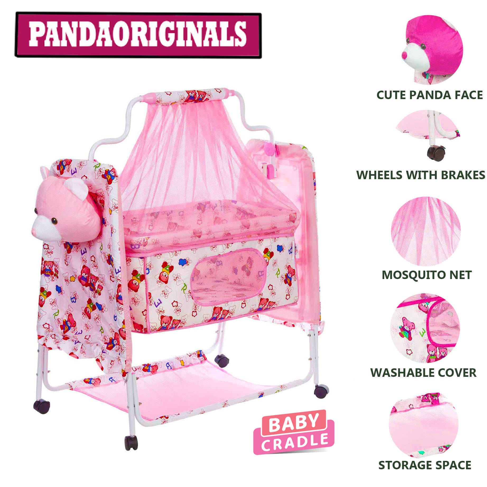 PANDAORIGINALS Premium Baby Cradle/Cot/Crib with Mosquito Net Paalna/Jhula (Pink) - Image 6 thumbnail