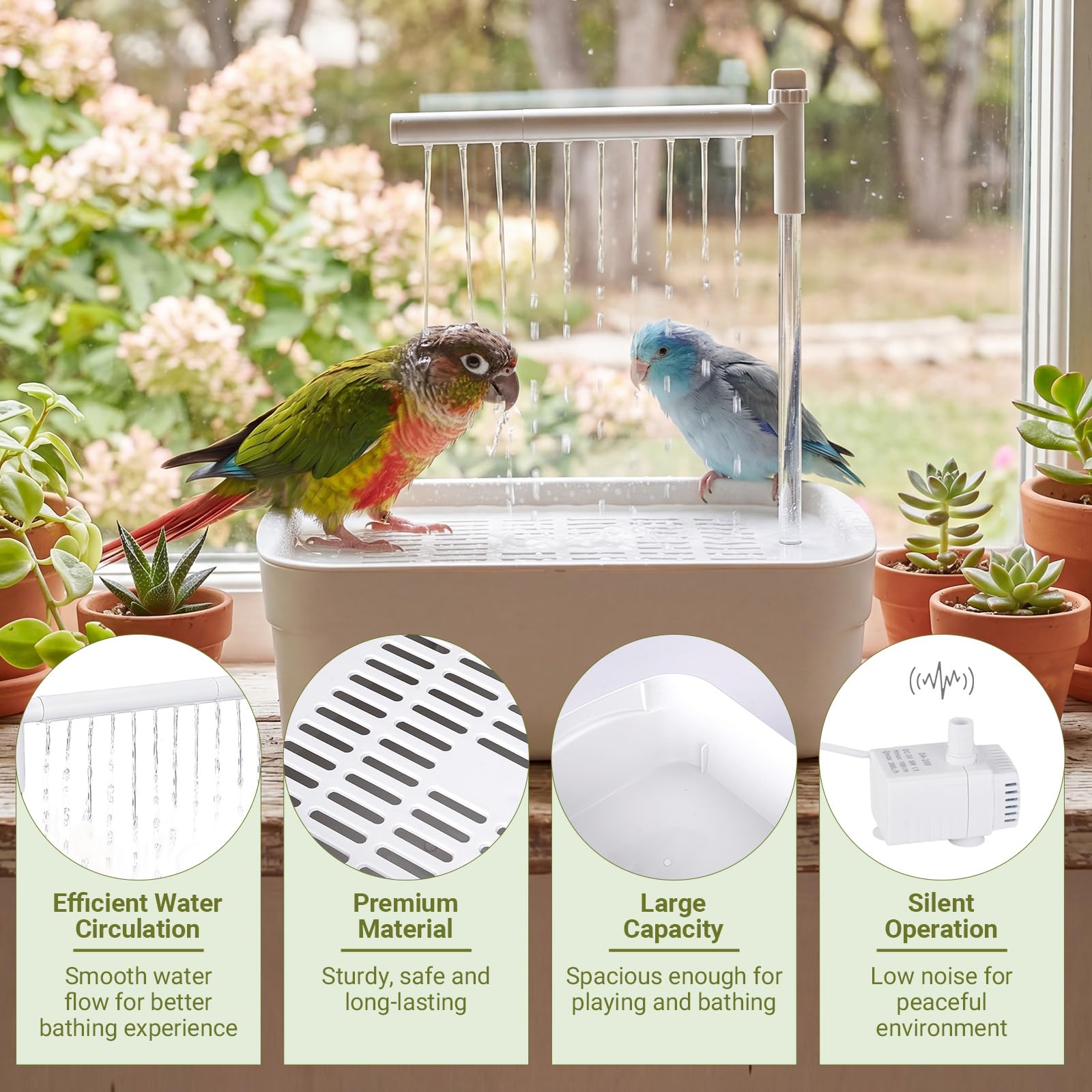 Vogeldusche Wellensittiche, Automatische Vogelbad mit USB Pumpe, Leise Vogel Dusche mit Wasserfall, Vogelbadewanne für Sittiche, Nymphensittiche und kleine Papageien