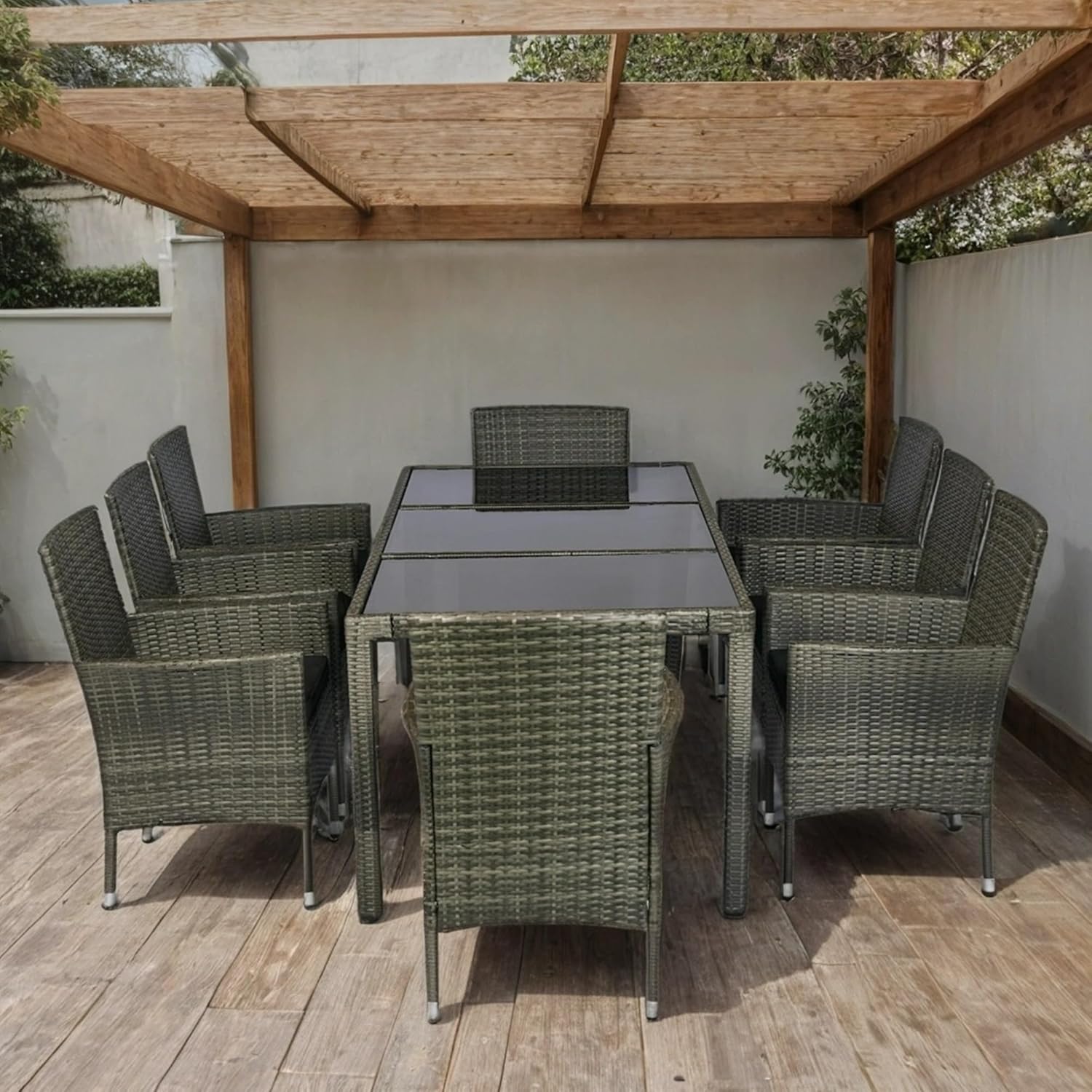 9 Piece Outdoor Patio Wicker Dining Set with Glass Top Table - Grey Wicker + Black Cushion