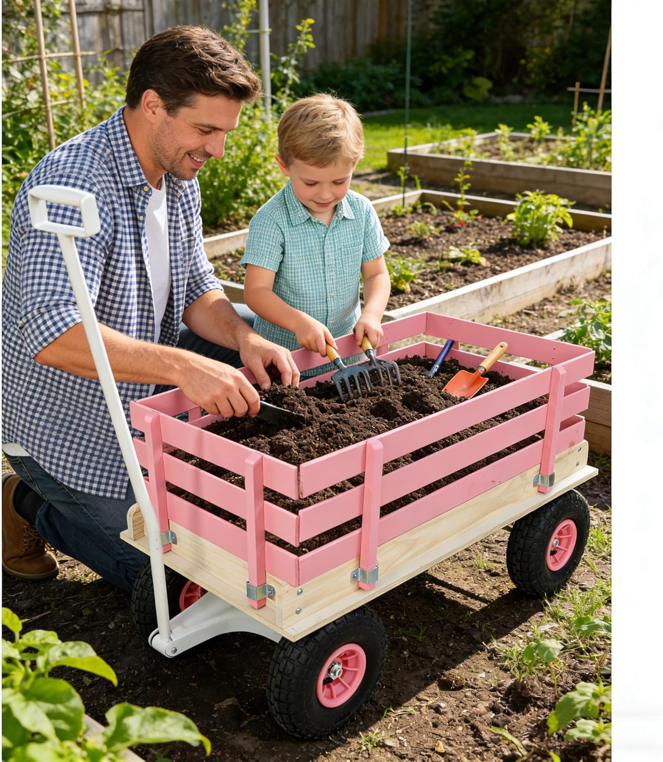 Pink Wooden Kids Pull Wagon with Removable Side Rails & All-Terrain Wheels, Heavy Duty Outdoor Garden Cart for Toddlers, Portable Toy Wagon for Beach, Camping & Backyard Play