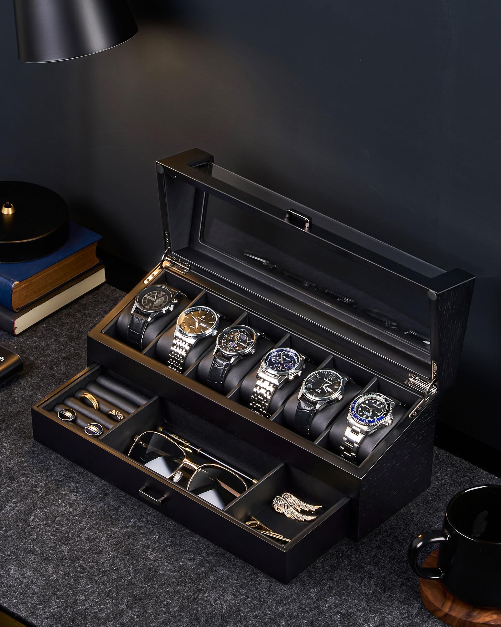 ProCase Scatola Orologi e Gioielli per Uomo in Legno - Vetrina con Cassetto, 6 Slot per Orologi, Anelli e Occhiali, Coperchio in Vetro, Nero