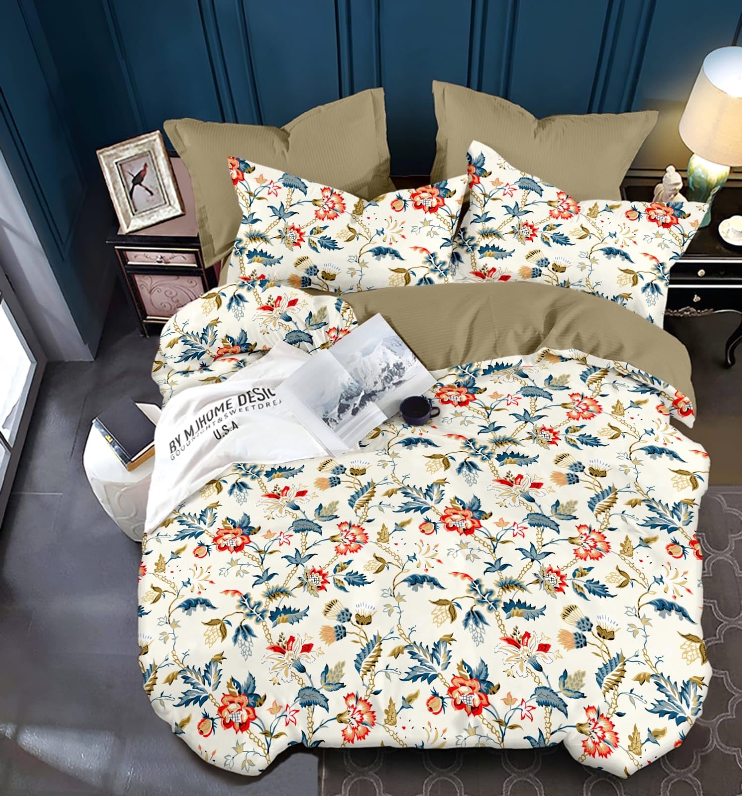 DECOMIZER 300 Tc Cotton Feel Glace Cotton Elastic Fitted Printed King Size Double Bed Bedsheet with 2 Pillow Coverm Fits Upto 8 inches Mattress, Size- 72x78x10 Inches, Yellow Red Flower