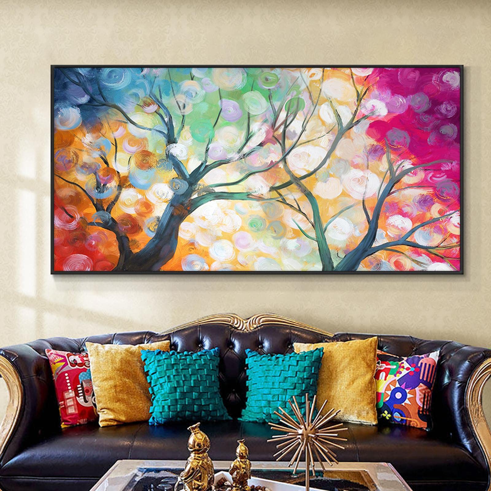 Paisaje Escandinavia Pósteres Árbol colorido Arte de la pared Decoración Impresión en lienzo grande Imagen 80x163cm (31x64in) con marco negro