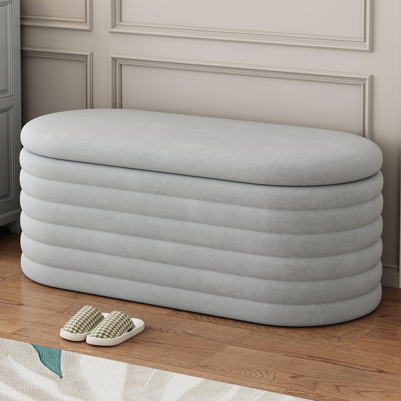 NIOIIKIT 40" Storage Ottoman Bench, Linen Upholstered Entryway Bench with Thick Cushion, Tufted End Bed Bench with Storage, Window Bench for Living