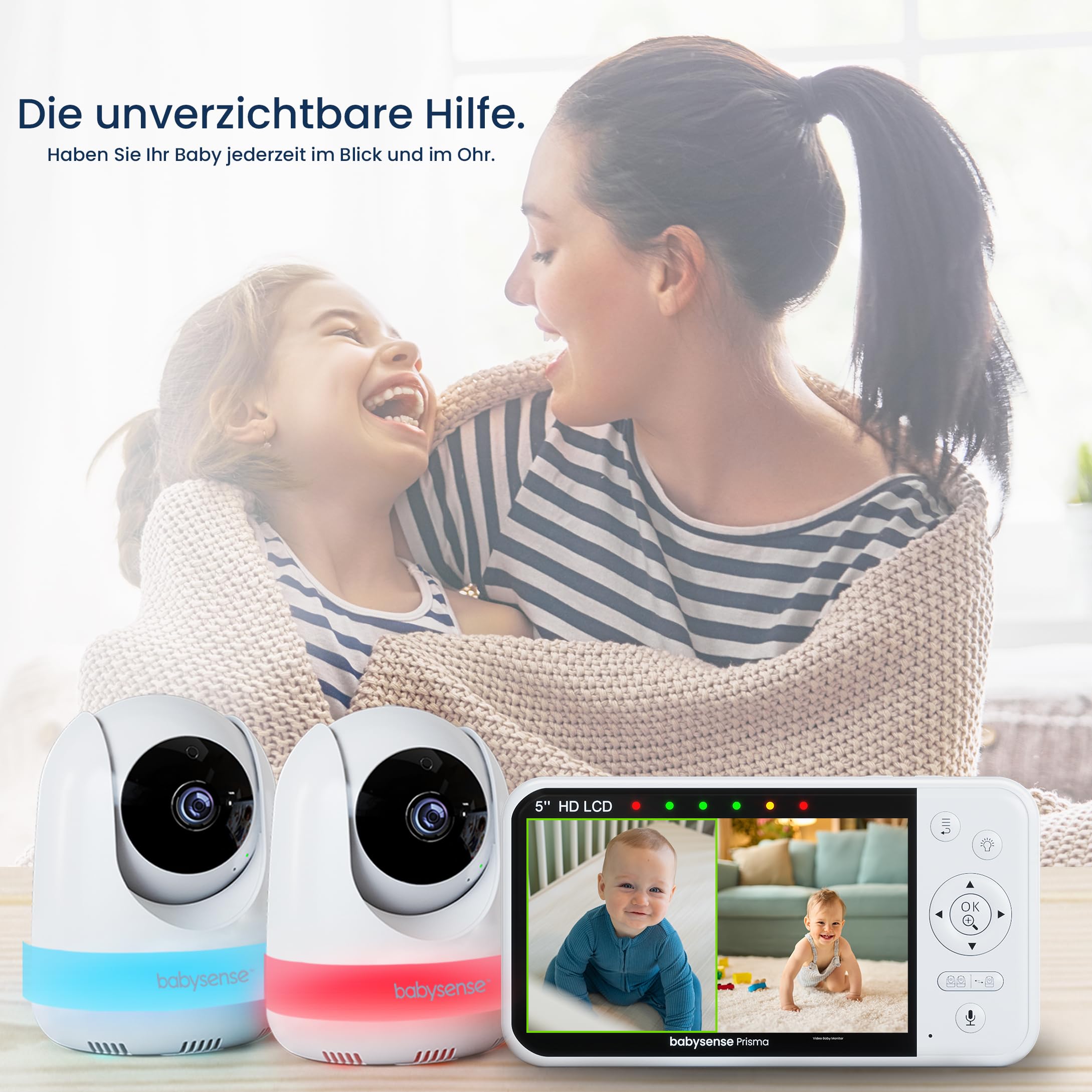 Babysense Babyphone 720p HD 5 Zoll mit 2 Kameras, Video Babyphone ohne WLAN, 6-Farben-Nachtlicht, Wiegenlieder, 300m Reichweite, Zwei-Wege-Audio, 4-facher Zoom, 4000mAh Akku