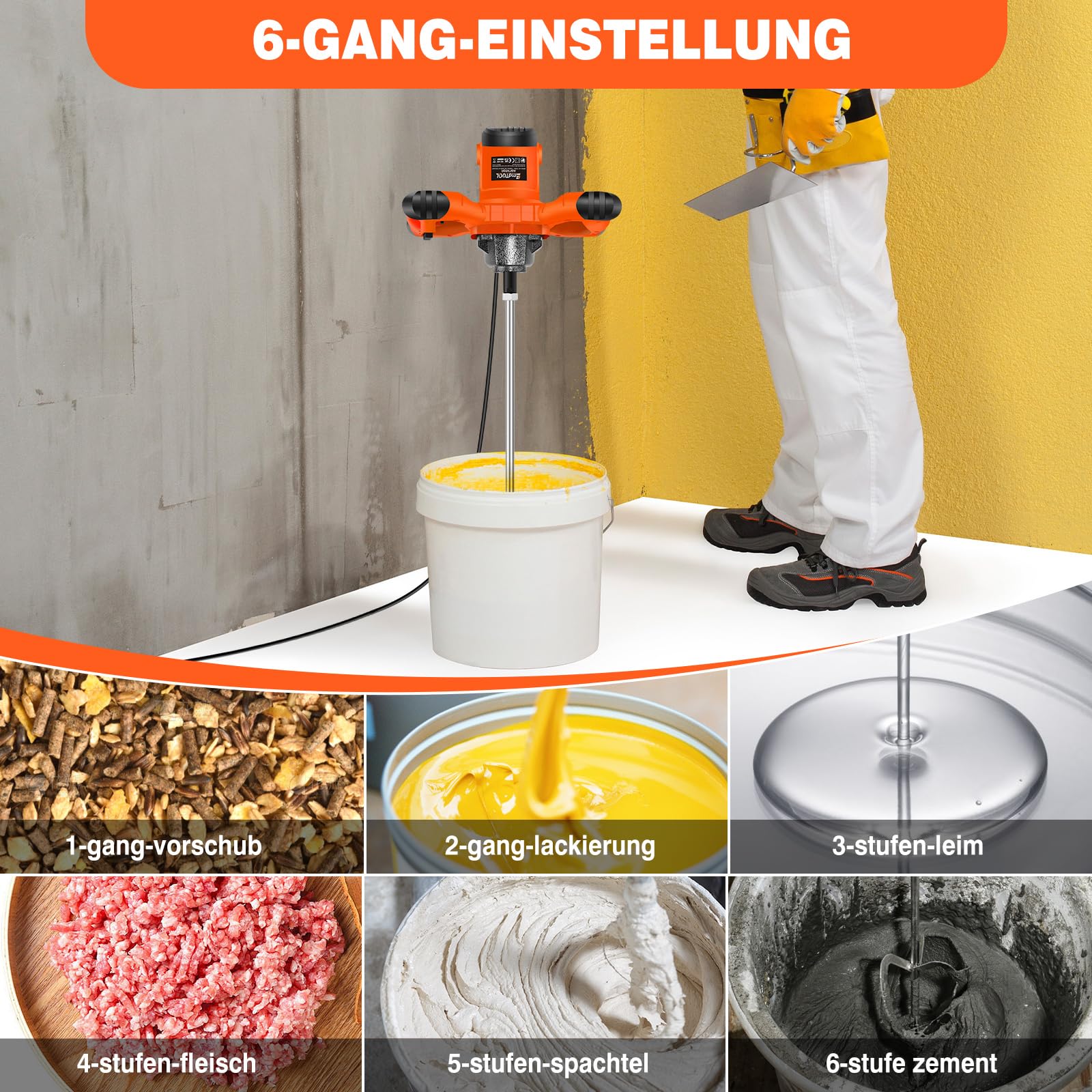Mélangeur orange 2600 W pour peinture, béton, mortier, plâtre, colle et ciment, avec 6 vitesses, fonction de démarrage doux, interrupteur verrouillable, vitesse de rotation 0-1700 tr/min, avec - 5