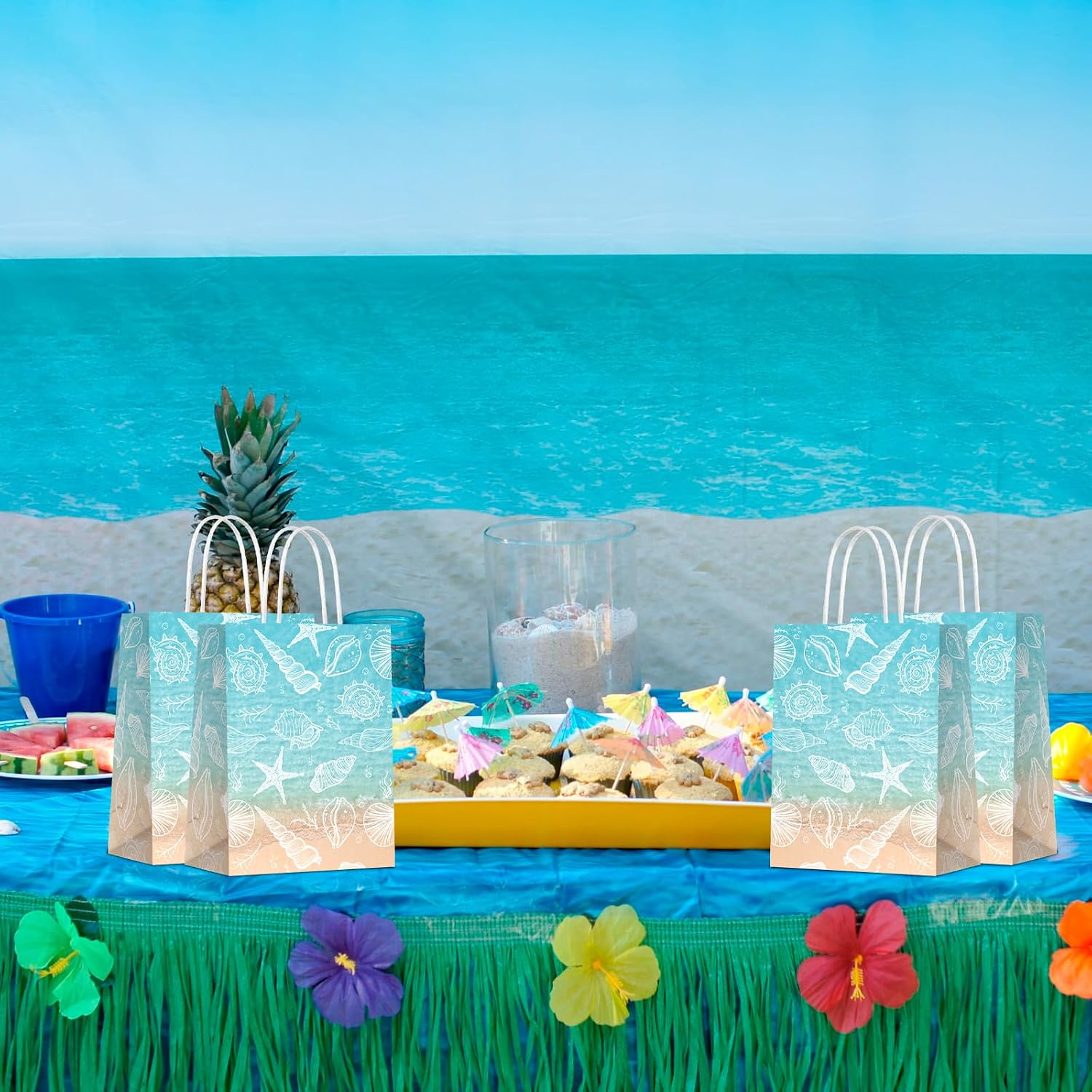 16 PCS Beach Seashell Party Gift Treat Bags with Handles Ocean Party Decorations Seashell Starfish Theme Paper Tote Bags for Under The Sea Party Summer Ocean Beach Celebration Supplies image 5