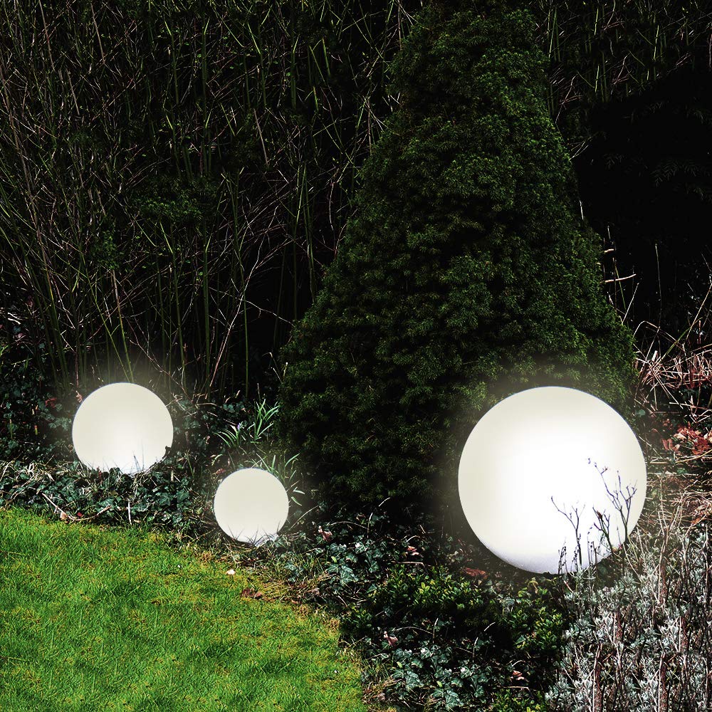 Dapo 3x LED-Garten-Kugel-Leuchte MARLON D:20+30+40cm Kunststoff-Kugel weiß mit Erdspieß, STROMBETRIEB inkl. LED E27x1 à 5W, IP44 Dekorations-Party-Wege-Pfad-Leuchte-Lampe