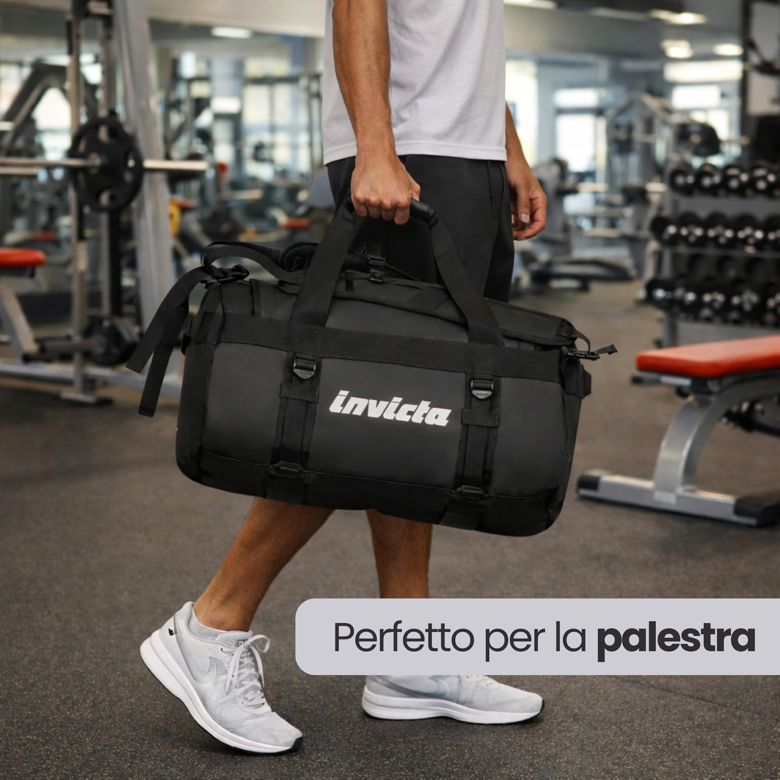 Invicta Zaino da Viaggio 50L – 51x33x33 cm, Nero, Borsone con Spallacci Amovibili, Tasca Interna, Fondo Rinforzato, Apertura Frontale, Passante per Trolley, Bagaglio Aereo Cappelliera, Uomo Donna