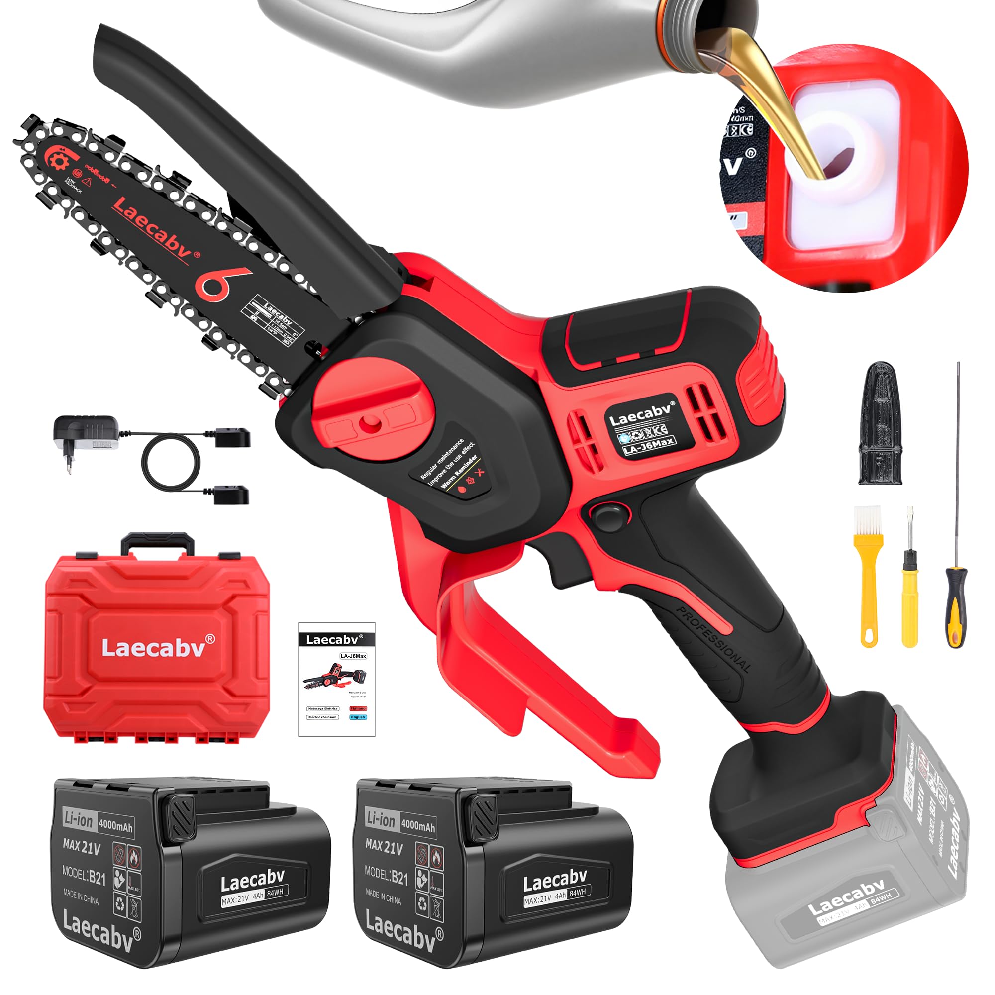 Mini Motosierra Bateria 6 Pulgadas, Motosierra de Mano de 6 Pulgadas, 2 Baterías de 4Ah y Cargador, 2 Cadenas, Motosierra Eléctrica de Una Mano para Árboles de Jardín (LA-J6Max)
