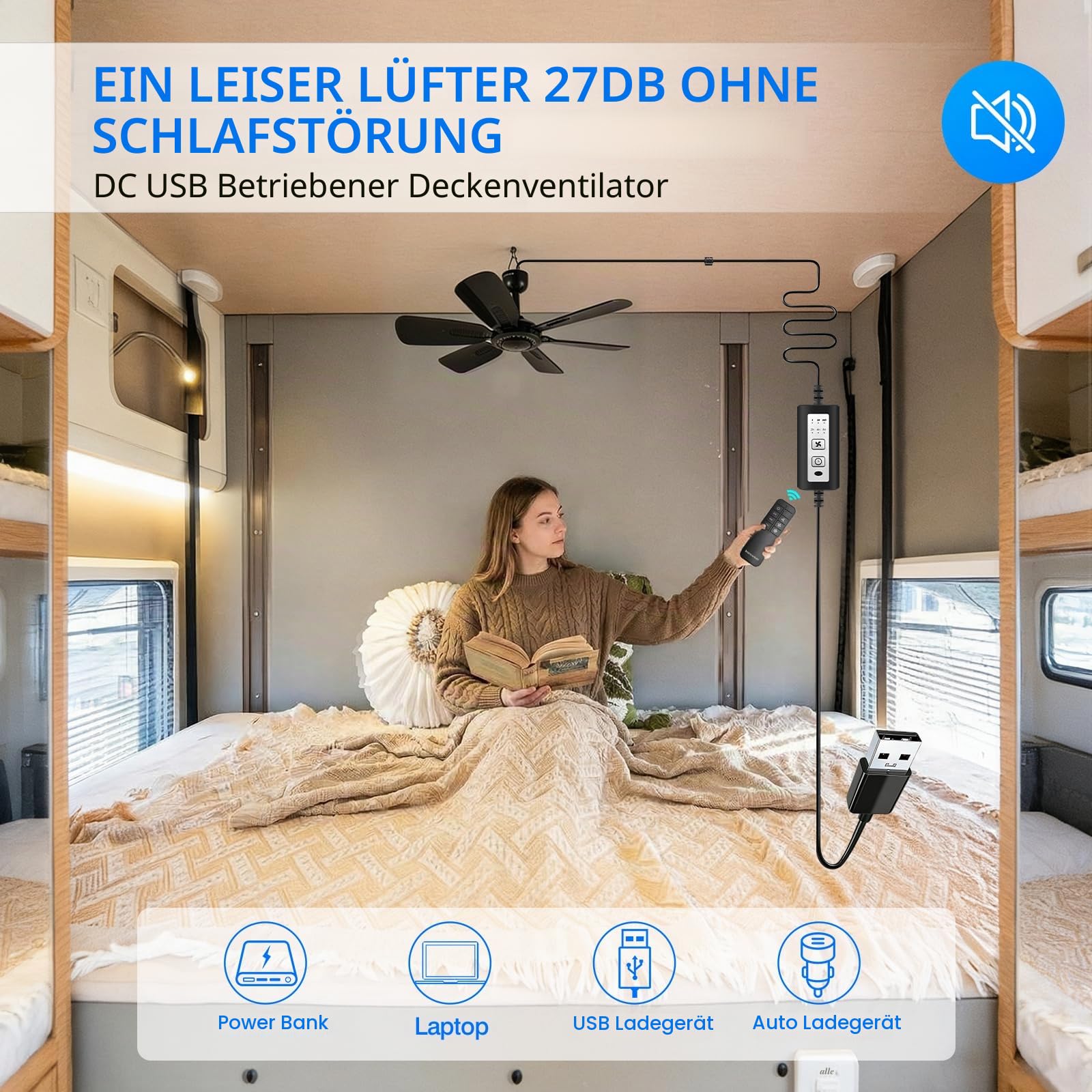 45 cm Tragbarer Deckenventilator mit Fernbedienung und Timer, 3 Geschwindigkeiten, USB-Anschluss, 5V DC-Betrieb, 6 Flügel, für Innen/Außen, Wohnmobil, Camping, Zelt, Vordach, Pavillon