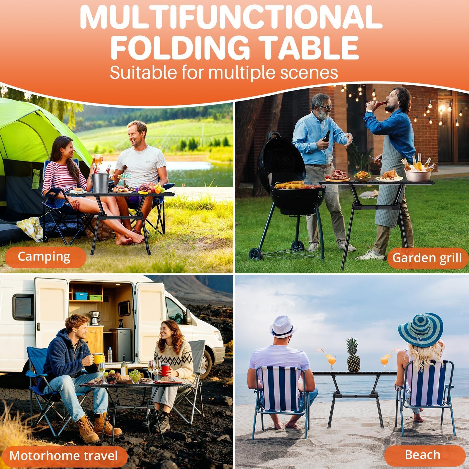 FUNYKICH Table de camping enroulable en aluminium de 0,9 m (L x l x L), 4 hauteurs réglables, ultra légère et pliable avec sac de transport pour camping, pique-nique, barbecue, fête, jardin, plage