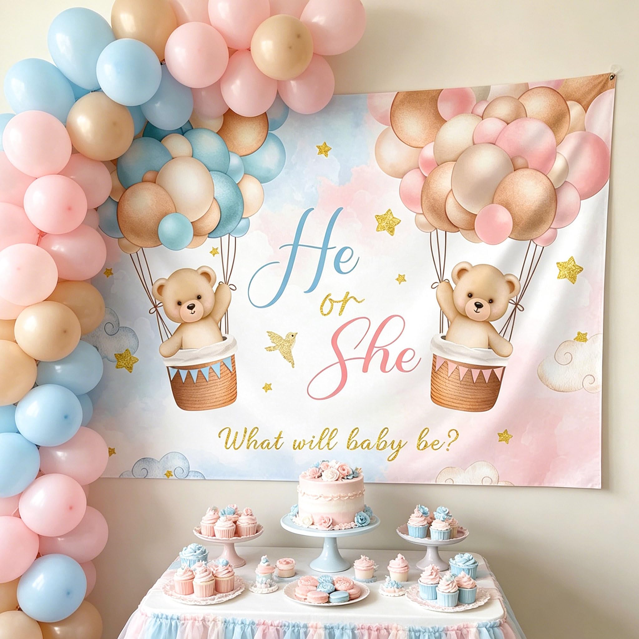 Gender Reveal Decorations Baby Shower Banner We Can BEARLY Wait Party Supplies Baby Shower Bear Baby Balloons — image 1