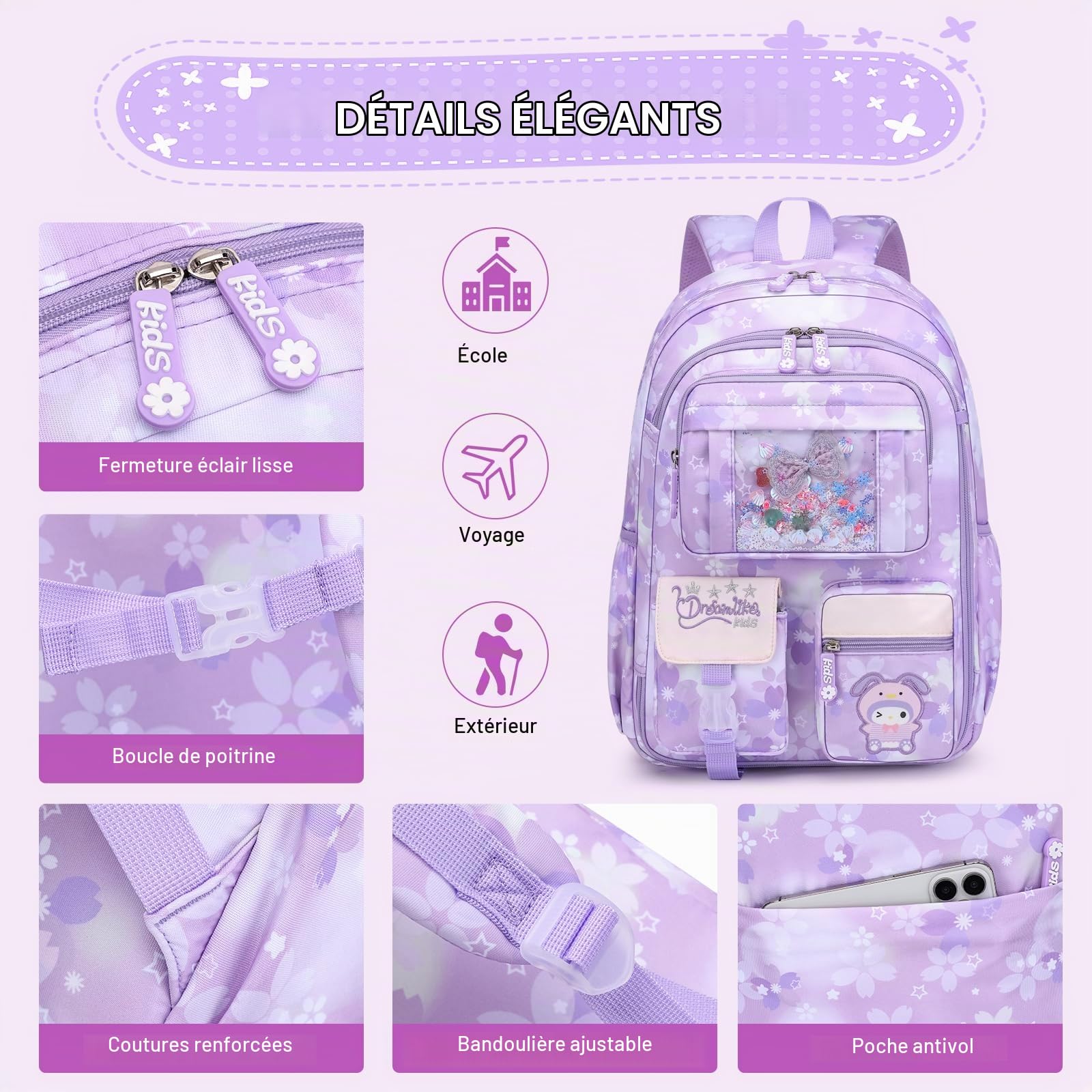 KEBEIXUAN Cartable Fille Primaire Kawaii, Sac à Dos Scolaire Léger et Résistant à l'Eau pour Filles 6-10 Ans (CP au CM2), Grande Capacité avec Accessoires, Idéal École et Loisirs (Violet)