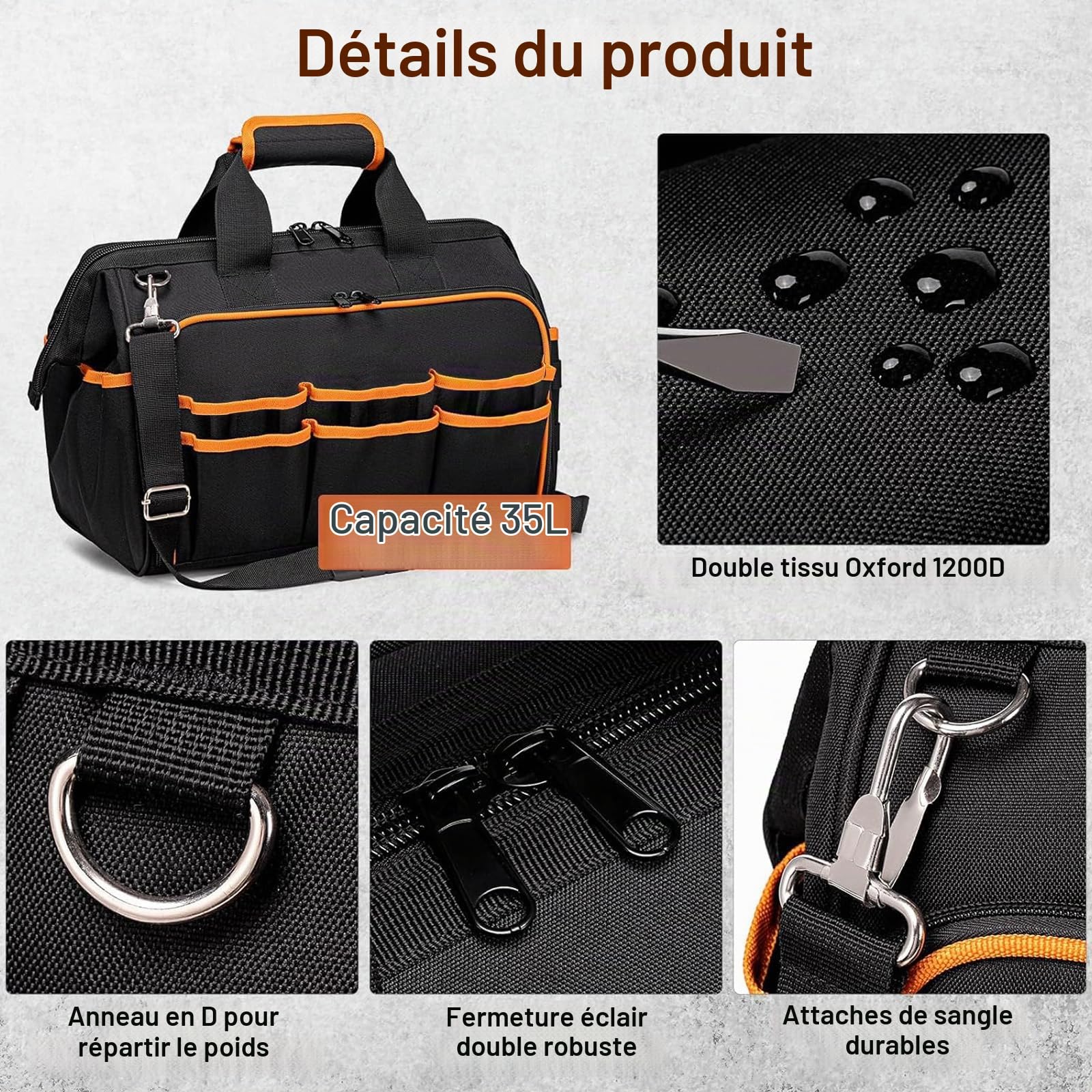 Sac à Outils 17 Pouces, 42 Poches Sacoche Outils Vide, avec Bandoulière Réglable et Base Étanche, pour Bricolage et Rangement, pour Papa Homme Mécanicien électricien(Sac Uniquement)