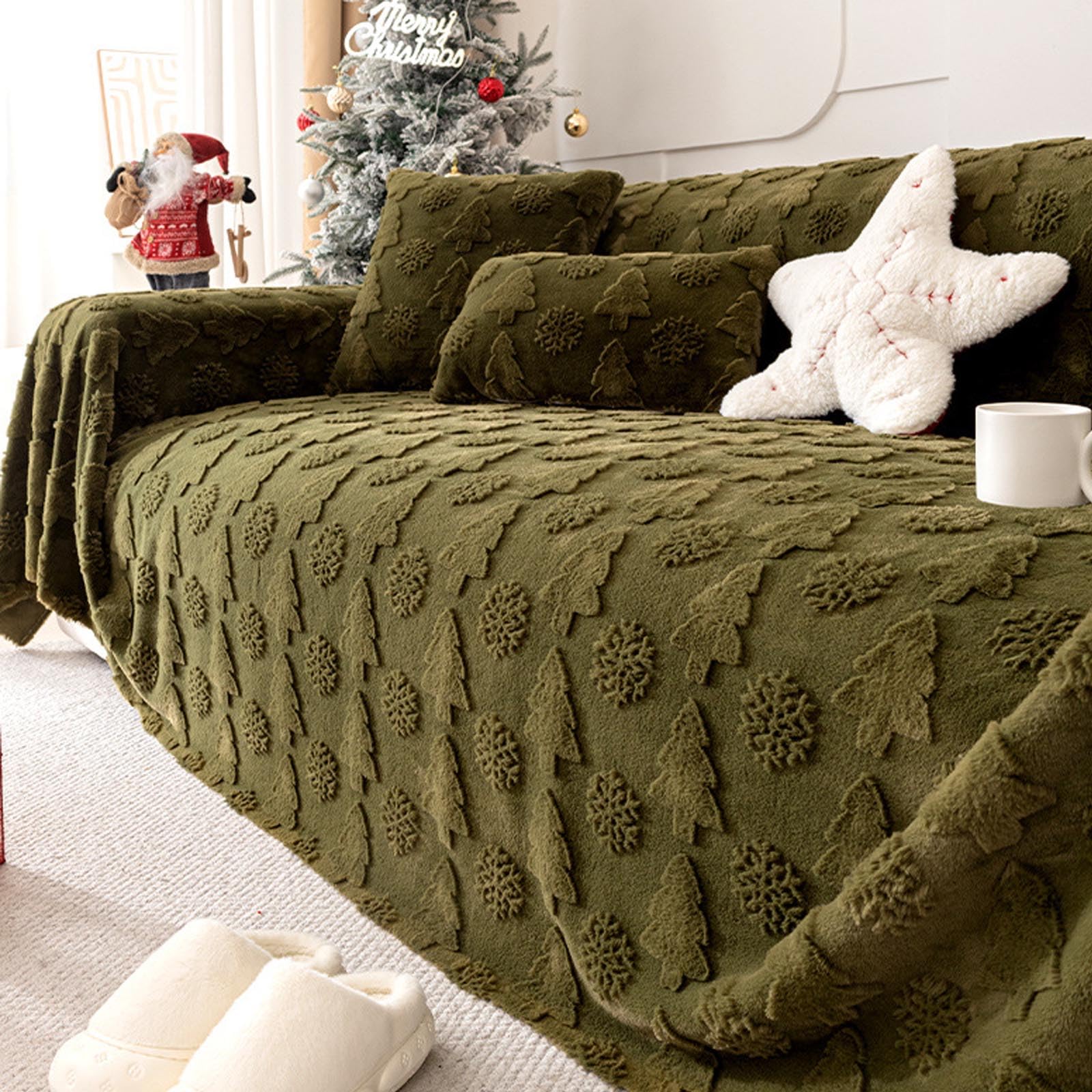 Housse de canapé de Noël en peluche verte 180x420cm pour grand salon