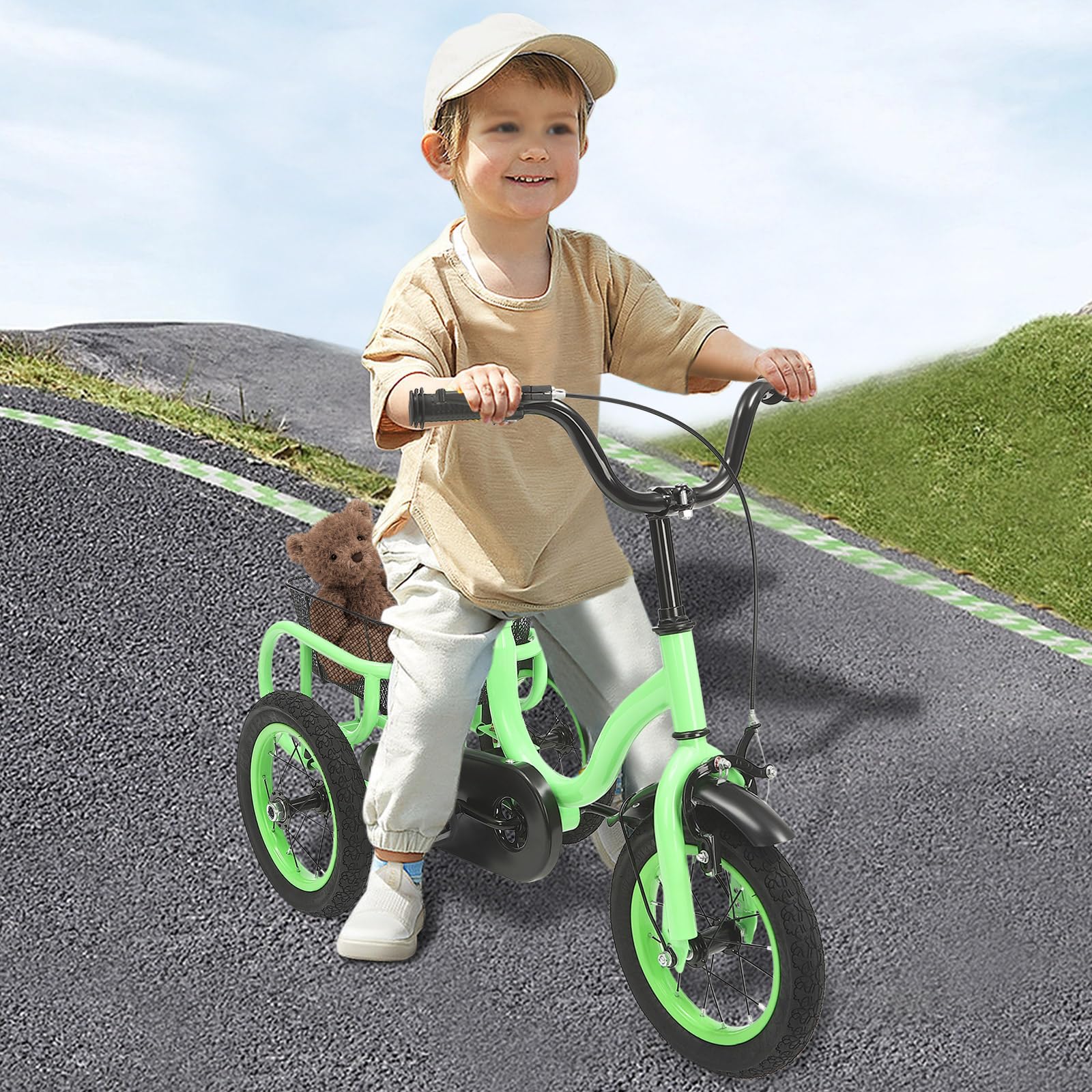 12 Zoll 3 Räder Dreirad Kinder Fahrräder für Jungen/Mädchen Single Speed Dreirad Fahrrad Hellgrünes Kinderfahrrad 3 Räder Fahrrad Fahrrad, Geschenk für Kinder