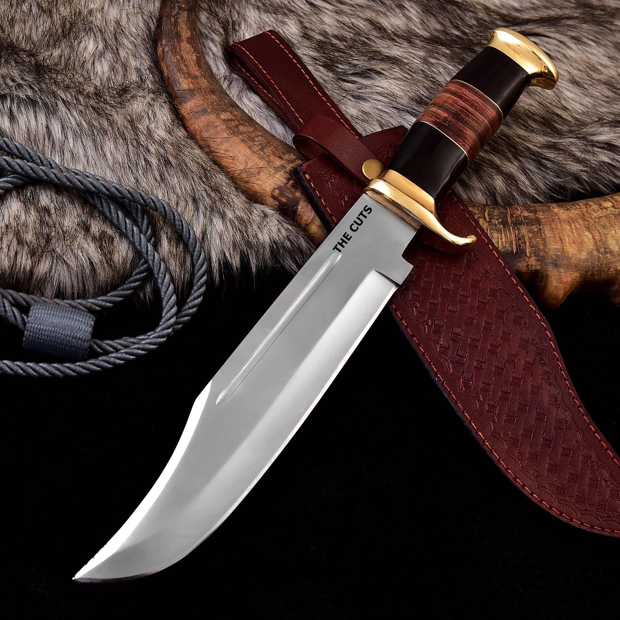 THE CUTS 17 Inches Large Crocodile Dundee Bowie Knife with Leather Sheath Fixed Blade Hunting Knife with Leather and Horn Handle for Outdoor Camping