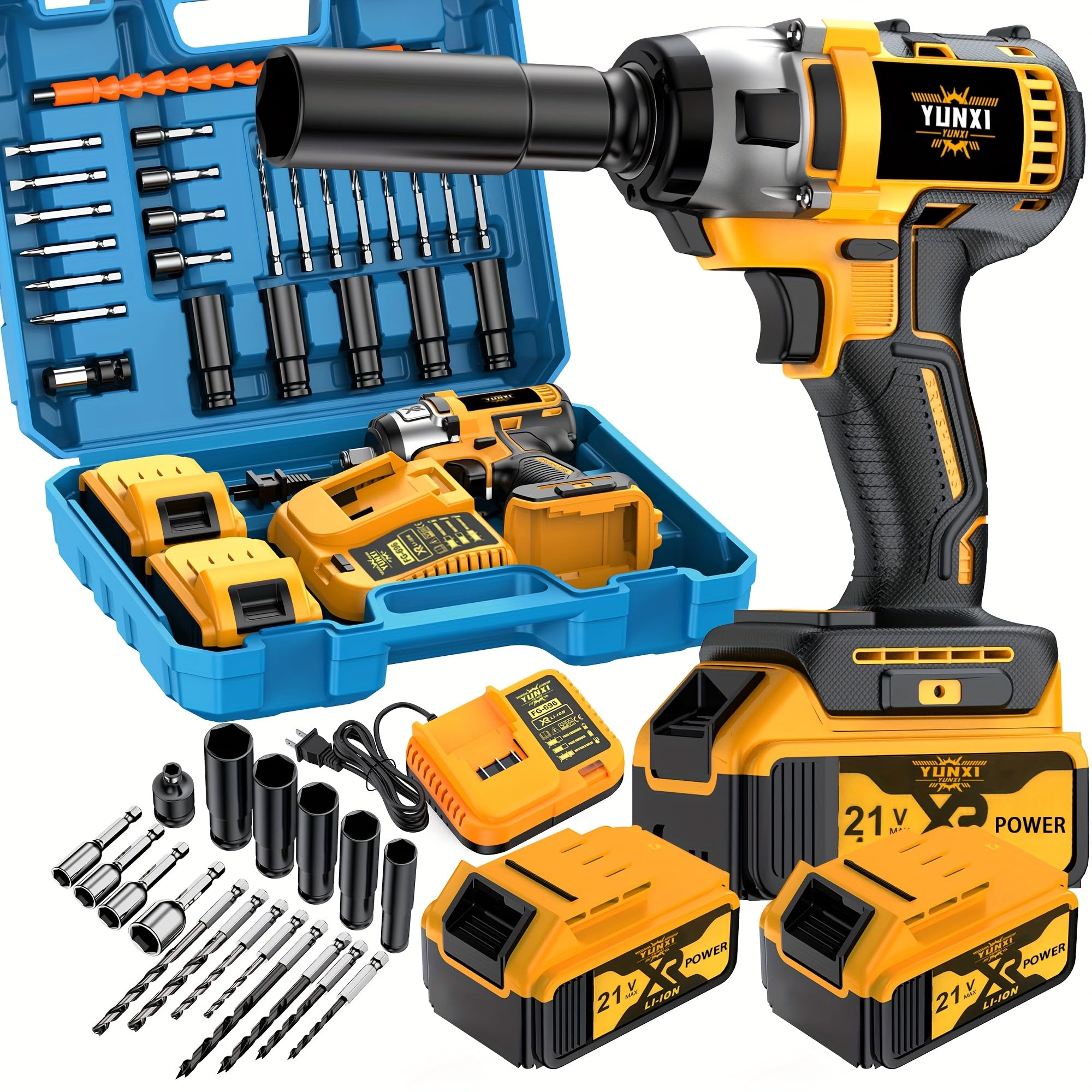 21V wireless impact wrench,Wireless drill/driver compatible with car (Wrench set+upgraded battery 2)