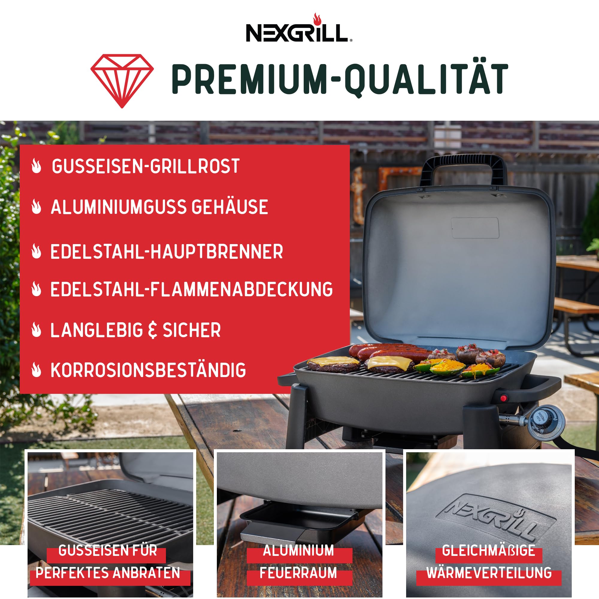Nexgrill Gasgrill klein & tragbar für bis zu 300° – Tischgrill Gas für Balkon & Camping, Kleiner Grill mit Deckel, Gusseisenrost, 3,1 kW Edelstahlbrenner, Piezozündung, Mini Gasgrill kompakt