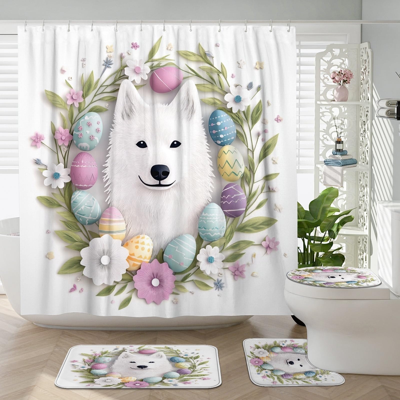 4PCS Spring Easter Samoyed Dog Shower Curtain Sets with Non-Slip Rug, U Shape Toilet Lid Cover Mat, Novelty Floral Eggs Bath Decor, Bathroom Accessories 72 Inch