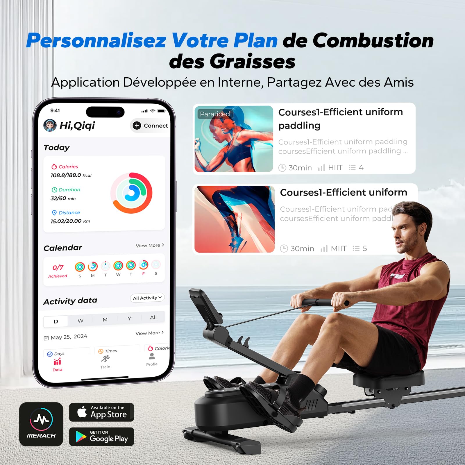 MERACH Rameur D'appartement avec Carte Interactive Exclusive de l' APP et Jeux, Apparence Semblable à Un Requin, Expérience de Rame Intense, Gain de Place, Adapté à L'entraînement du Corps Entier
