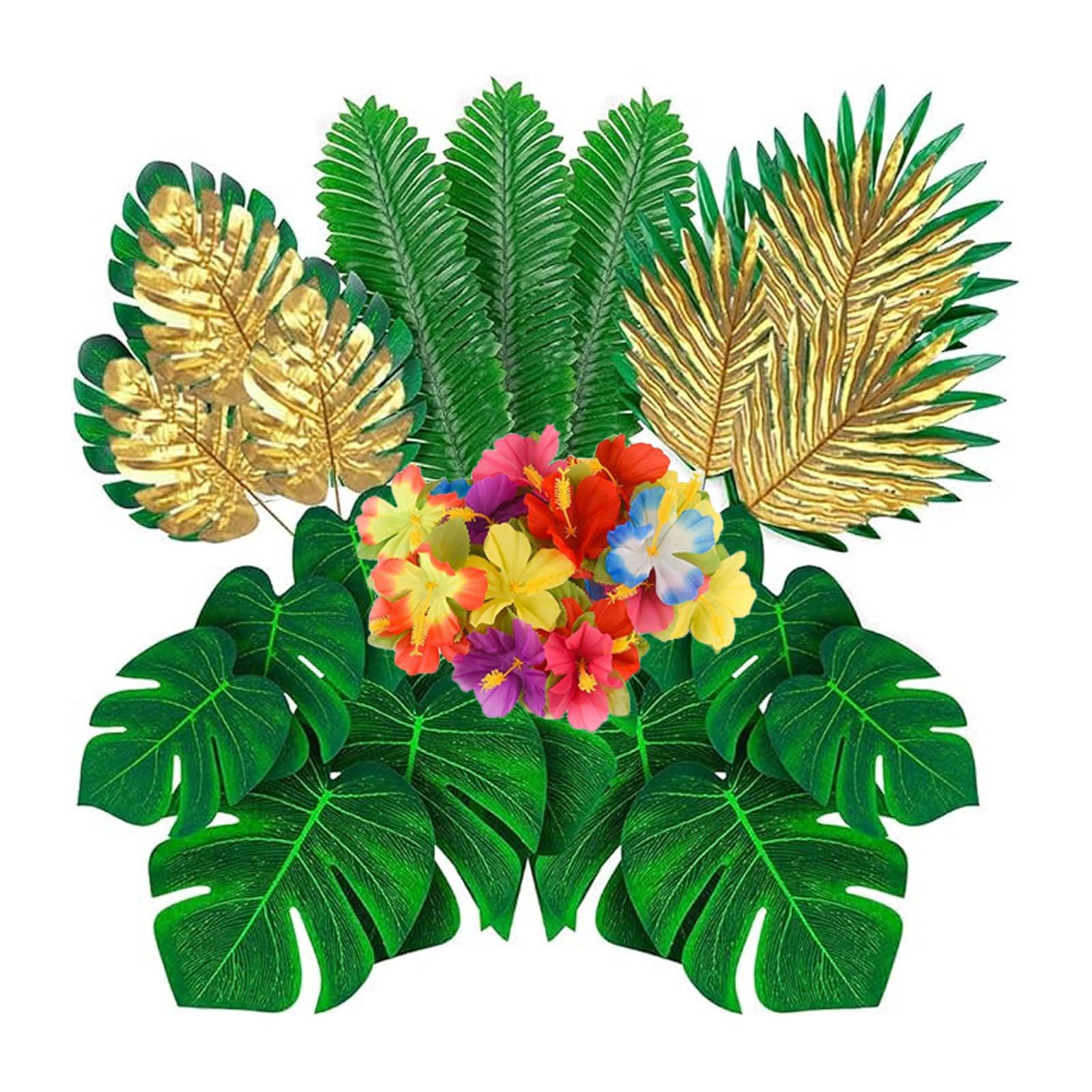 MaitianGuyou 90Pack Artificial Palm Leaves Hibiscus Flowers Tropical Party Decorations Supplies,8 Kinds Green Fake Leaf and 24PCS Flowers for Hawaiian