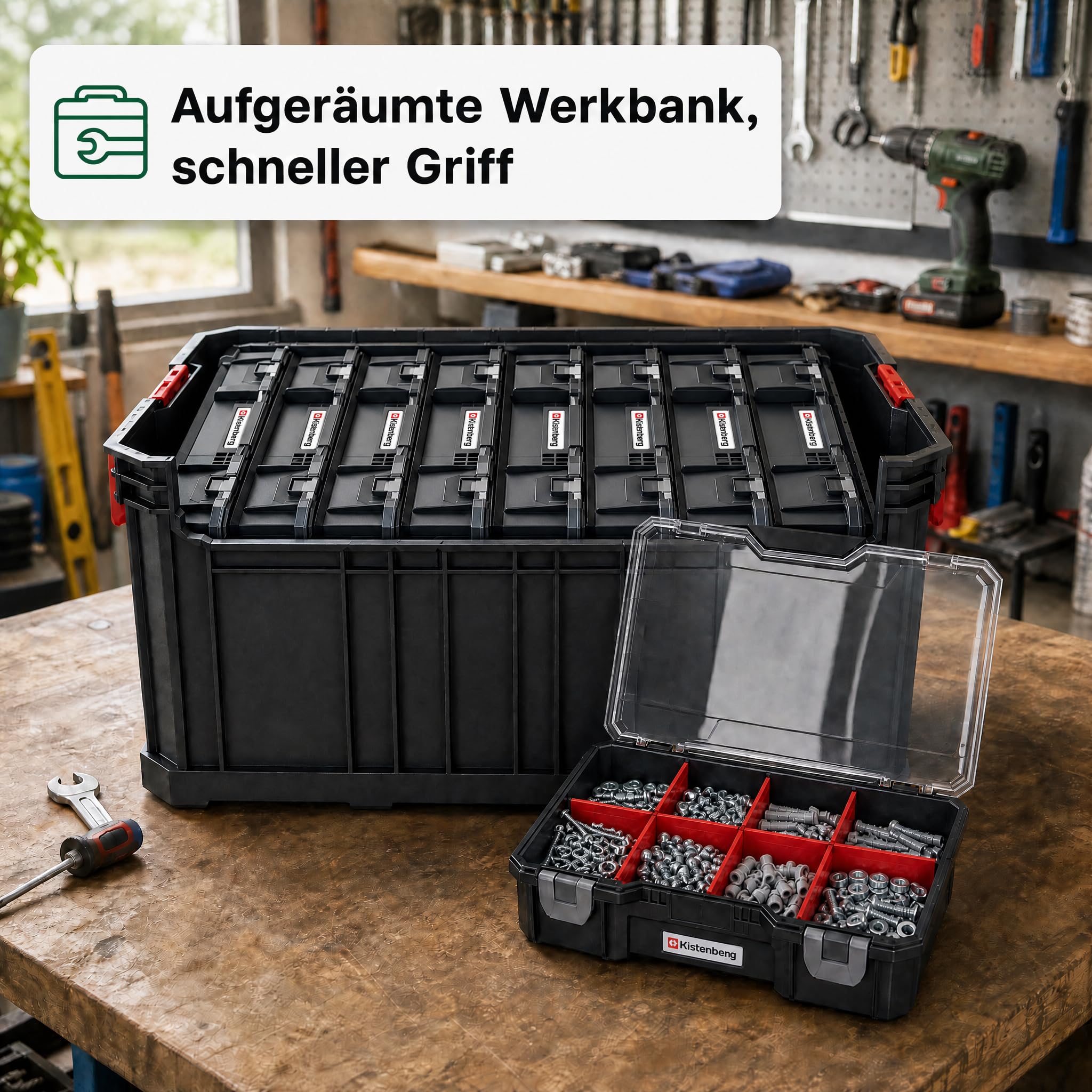Sortimentskasten Set 7-tlg., Kleinteilemagazin mit Trennwänden | 520x329x210 mm, Modulare Werkzeugkiste mit Sortierboxen für Kleinteile – stapelbar, wandmontierbar, bis 50 kg belastbar