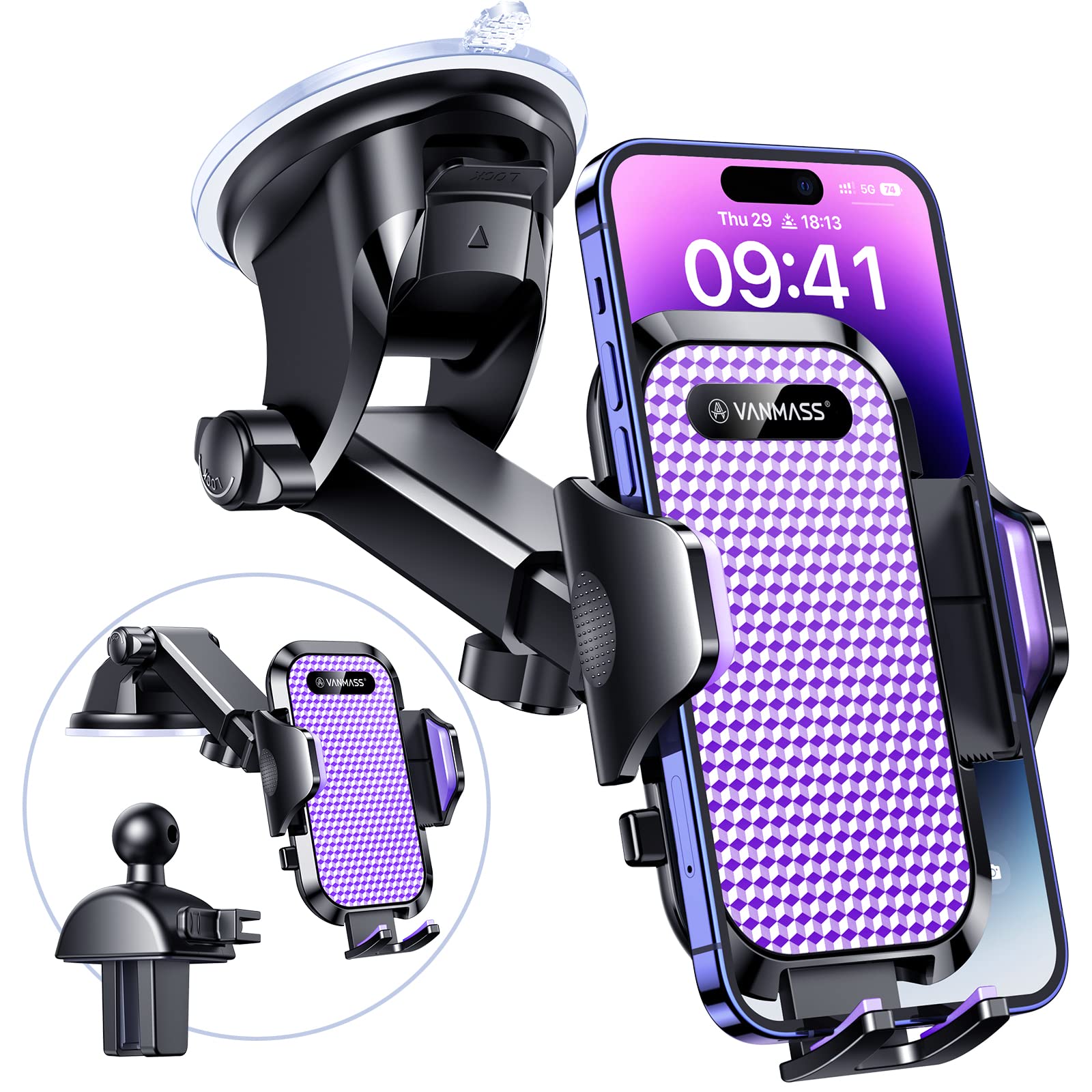 VANMASS Car Phone Holder 2026 BEST 【85+ lbs Strongest Suction & Vent Clip】 True Military-Grade Patent Universal Mobile Vehicle Mount Dashboard Windscreen Van Cradle for 17 Pro Max 16 15 14 Samsung — view 13