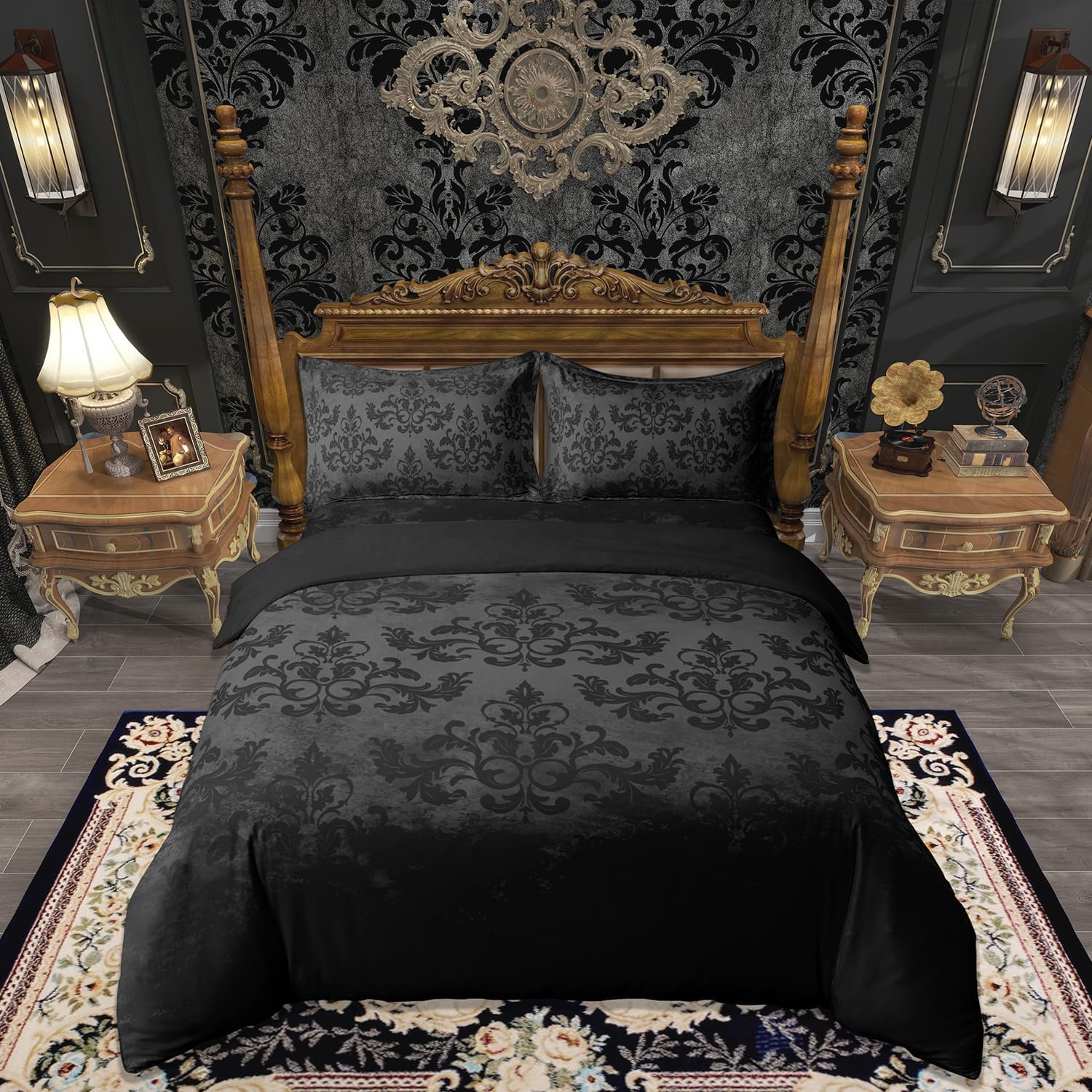 Loussiesd Jacquard Duvet Cover Black Damask King Bedding Set for Adults