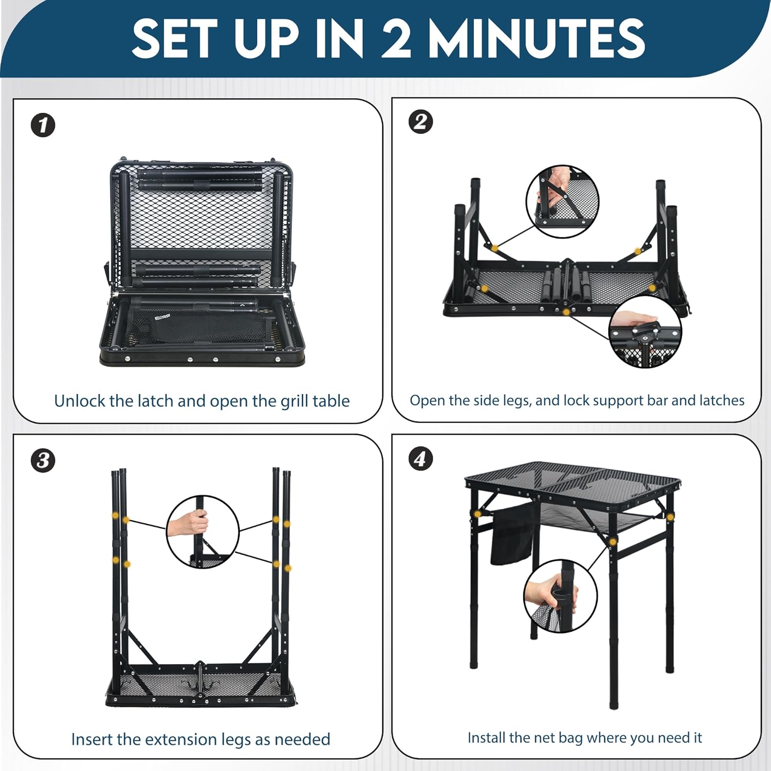 LOFTEY Small Folding Grill Table, Portable Picnic Table for Camping Outdoor Cooking BBQ, 3 Heights Adjustable Grill Stand with Mesh Bag, Easy for Storage, 23.6" L* 15.75" W * 27.7" H, Black